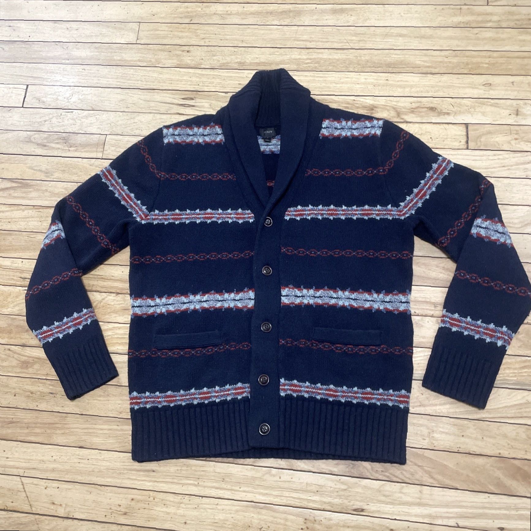 J.Crew J.CREW Shawl Cardigan 100% Lambs Wool Heavy Sweater Blue Red Mens L Fairisle Wool Cardigan Size US L / EU 52-54 / 3 - 2 Thumbnail