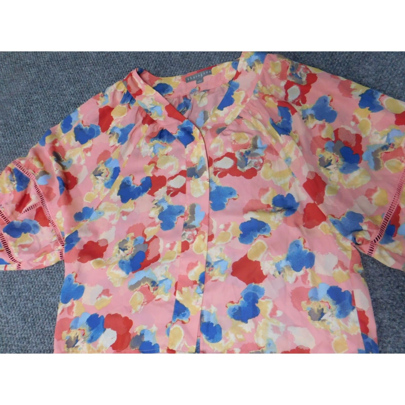 Pinko Sharagano Blouse Womens L Pink Floral 3/4 Sleeve Crew Neck Pullover Casual Polyester Stretch Vintage No Size L / US 10 / IT 46 - 2 Thumbnail