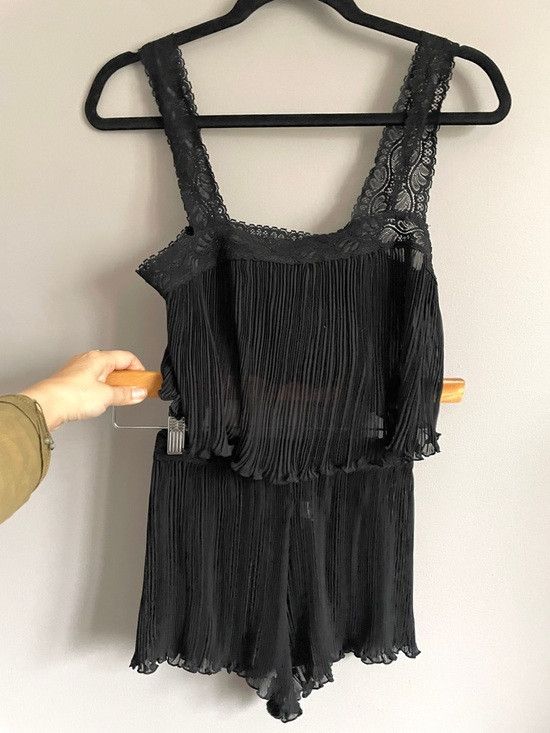 Vintage Black Lace Pleated Chiffon Camisole Semi-Sheer Shorts Set Size 28" / US 6 / IT 42 - 9 Thumbnail
