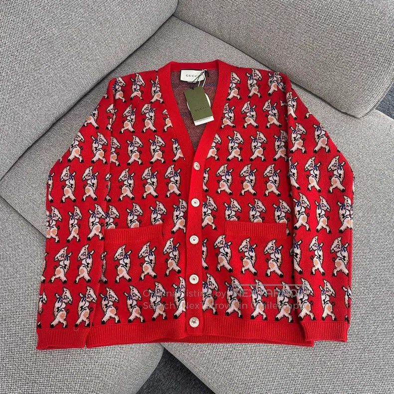 Gucci Gucci Red piglet print V-neck woollen long-sleeved cardiga Size S / US 4 / IT 40 - 1 Thumbnail