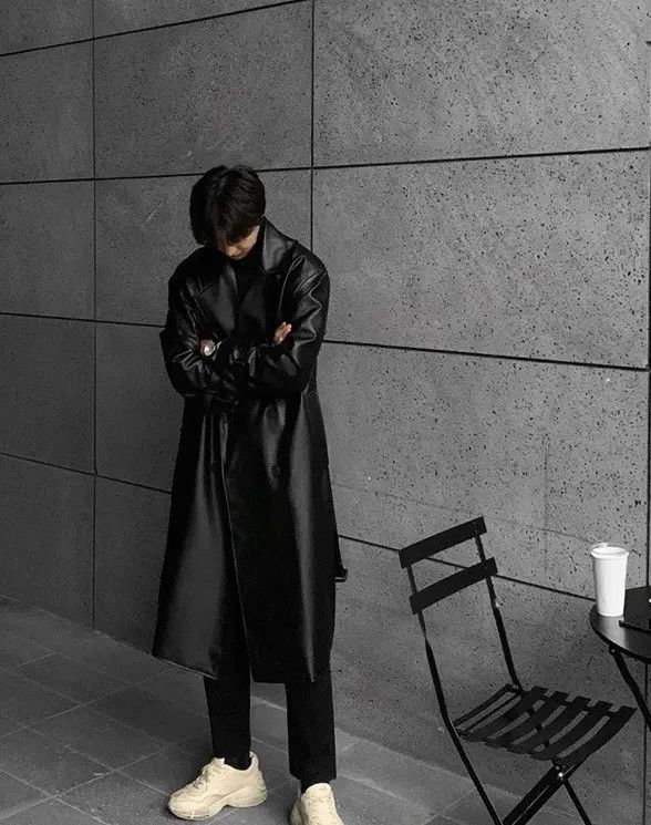 VIBE Streetwear style Long Black Faux Leather trench coat y2k Size US L / EU 52-54 / 3 - 3 Thumbnail