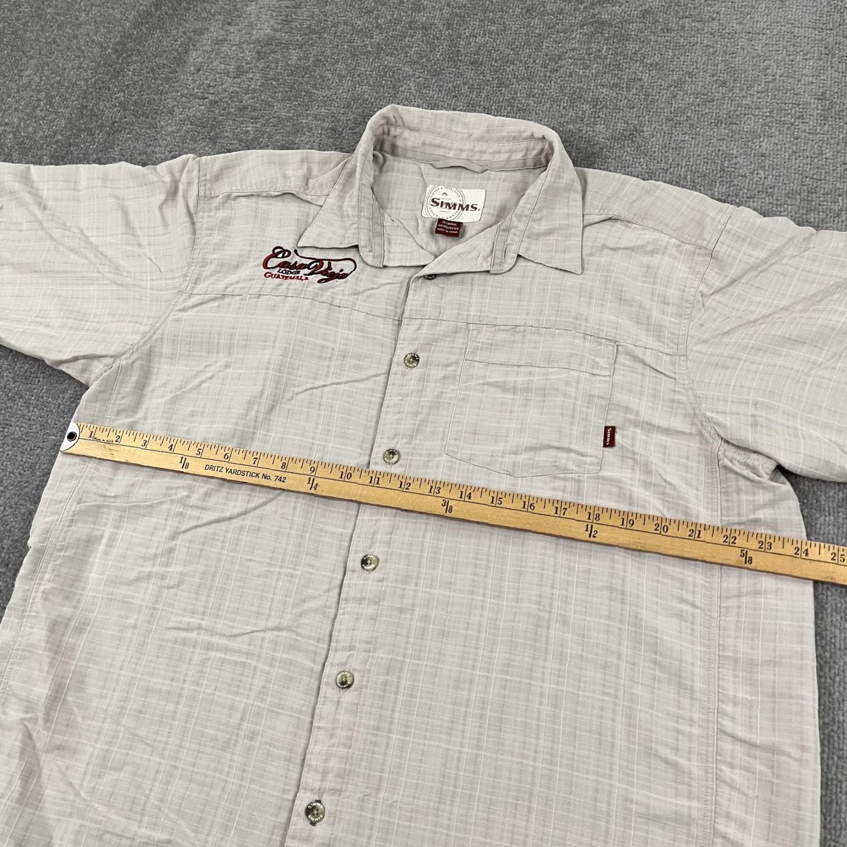 Vintage Simms Shirt Mens XL Beige Brown Fishing Button Up Short Sleeve Guatemala Lodge Size US XL / EU 56 / 4 - 6 Thumbnail