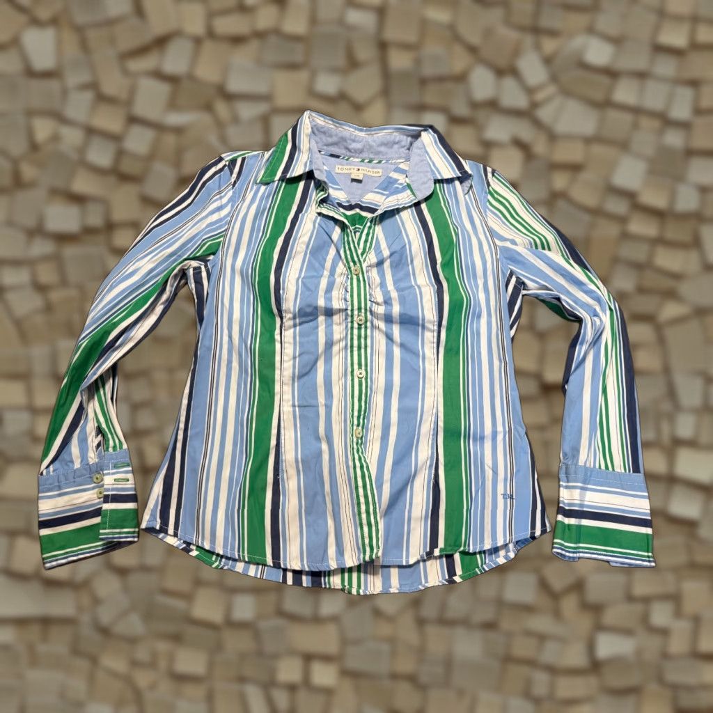 Tommy Hilfiger Tommy Hilfiger Blouse Women's Large Button-Up Long Sleeve Multicolor Blue White Green Modern Casual Size L / US 10 / IT 46 - 1 Thumbnail