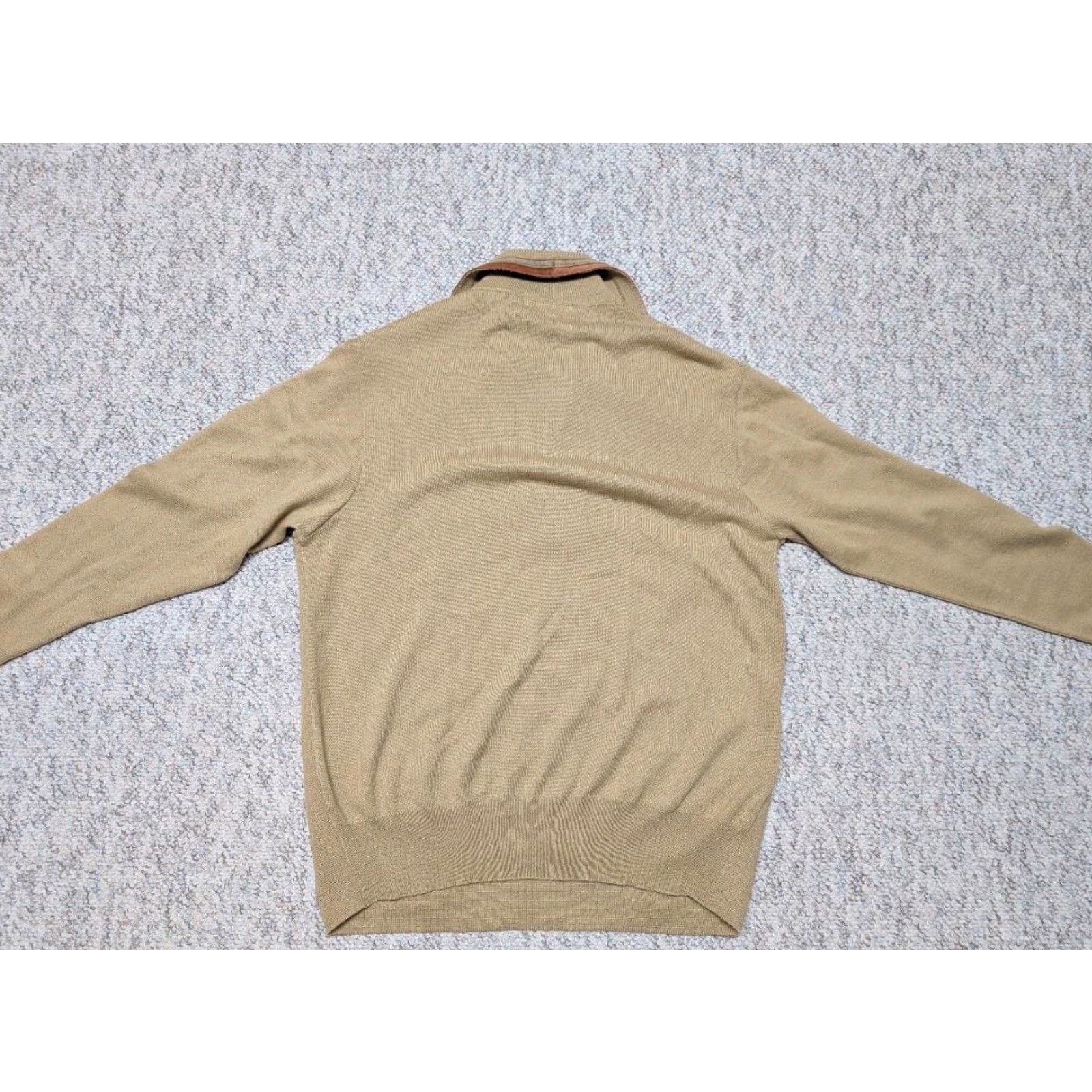 Vintage VINTAGE Richman Brothers Sweater ITALY Wool Tan M Leather Trim WIDE LAPEL Mens Pullover Long Sleeve Knit Neck Zip 1960s Size US M / EU 48-50 / 2 - 2 Thumbnail