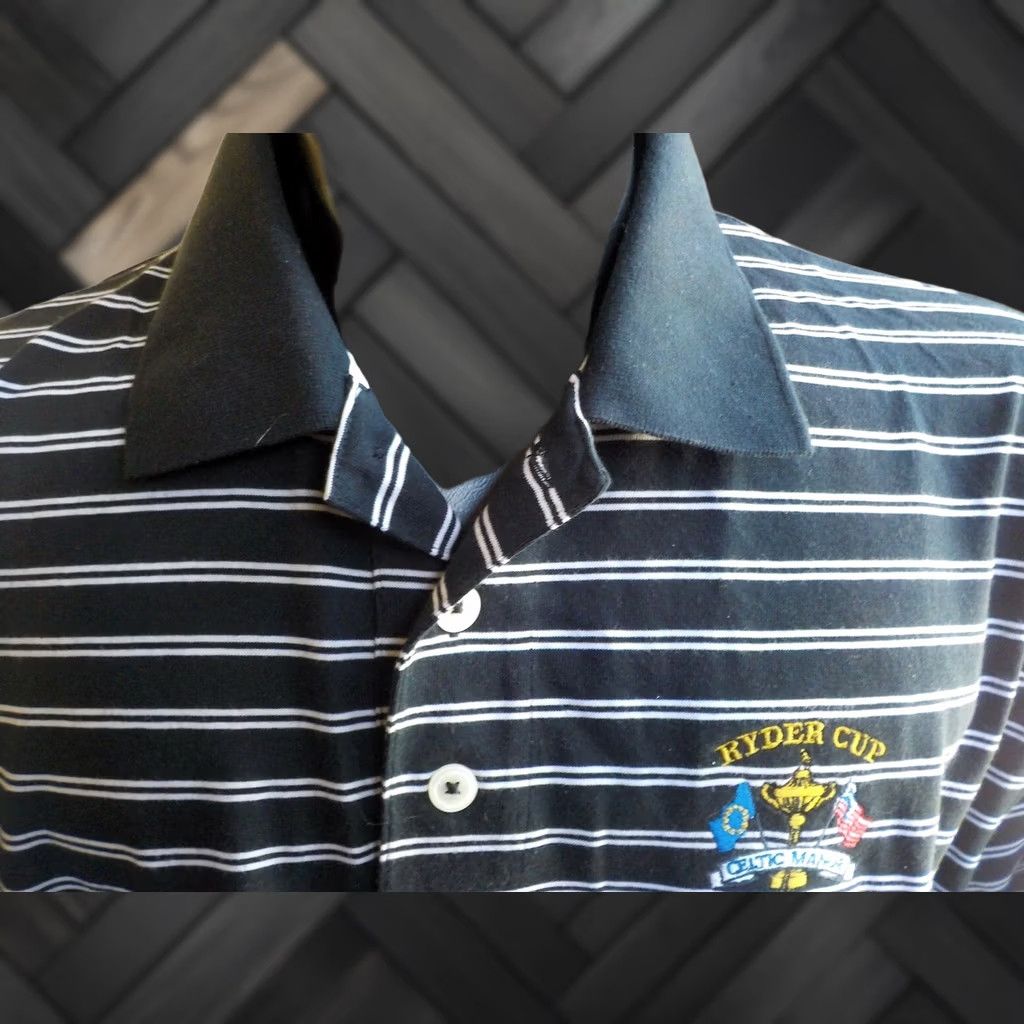 Vintage Ashworth Polo Shirt Mens XL Black White Stripes Ryder Cup Celtic Manor Embroidered Back Neck 65% Cotton 35% Polyester Size US XL / EU 56 / 4 - 1 Thumbnail