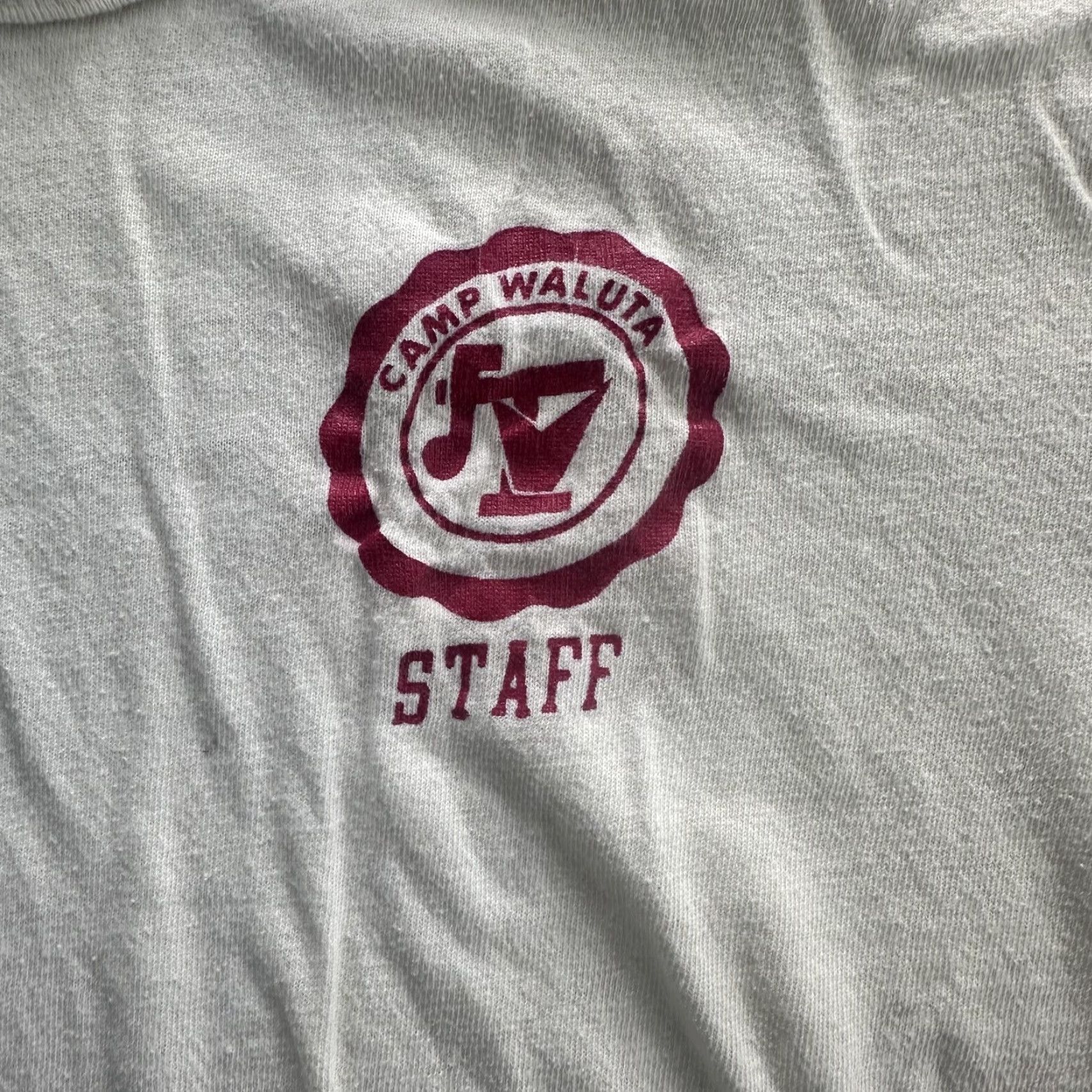 Russell Athletic VINTAGE Camp Waluta Staff Shirt Mens Large White Russell Mills Single Stitch Tee Shirt Mens Large White Camp Waluta Graphic Print 90s Mens Size US L / EU 52-54 / 3 - 2 Thumbnail