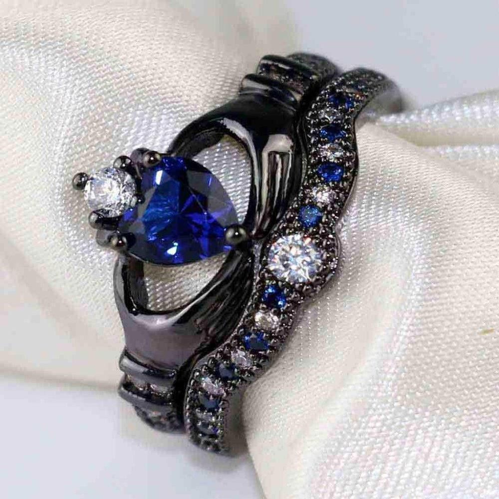 Designer 2pcs Wrapping Hands Blue Heart Black Crown Ring Set - Size 7 Size ONE SIZE - 3 Thumbnail