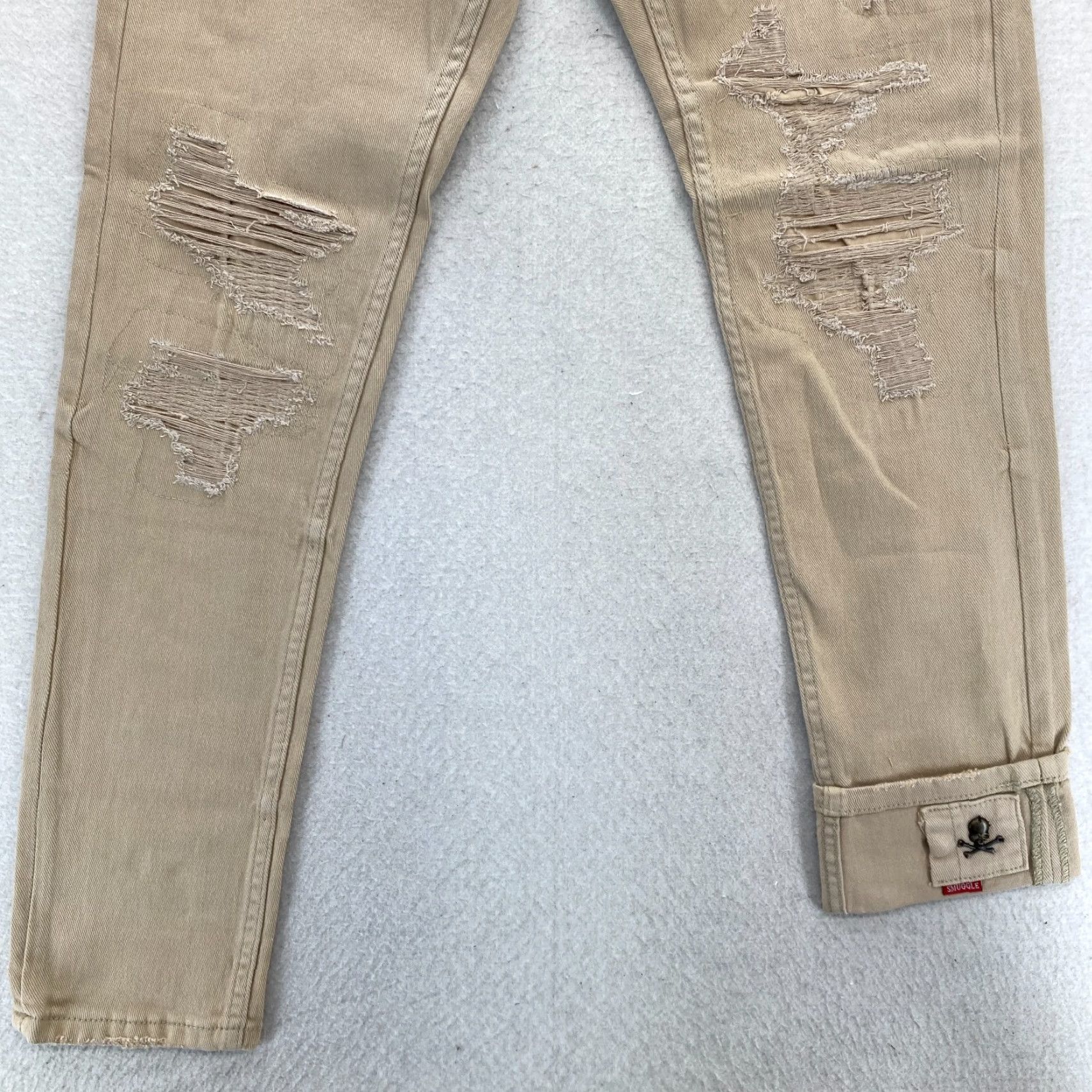 Denime Smugglers Moon Jeans Mens 28x31 Khaki Beige Denim Button Fly Roll Up Distressed Slim Jeans Men Size US 28 / EU 44 - 3 Thumbnail