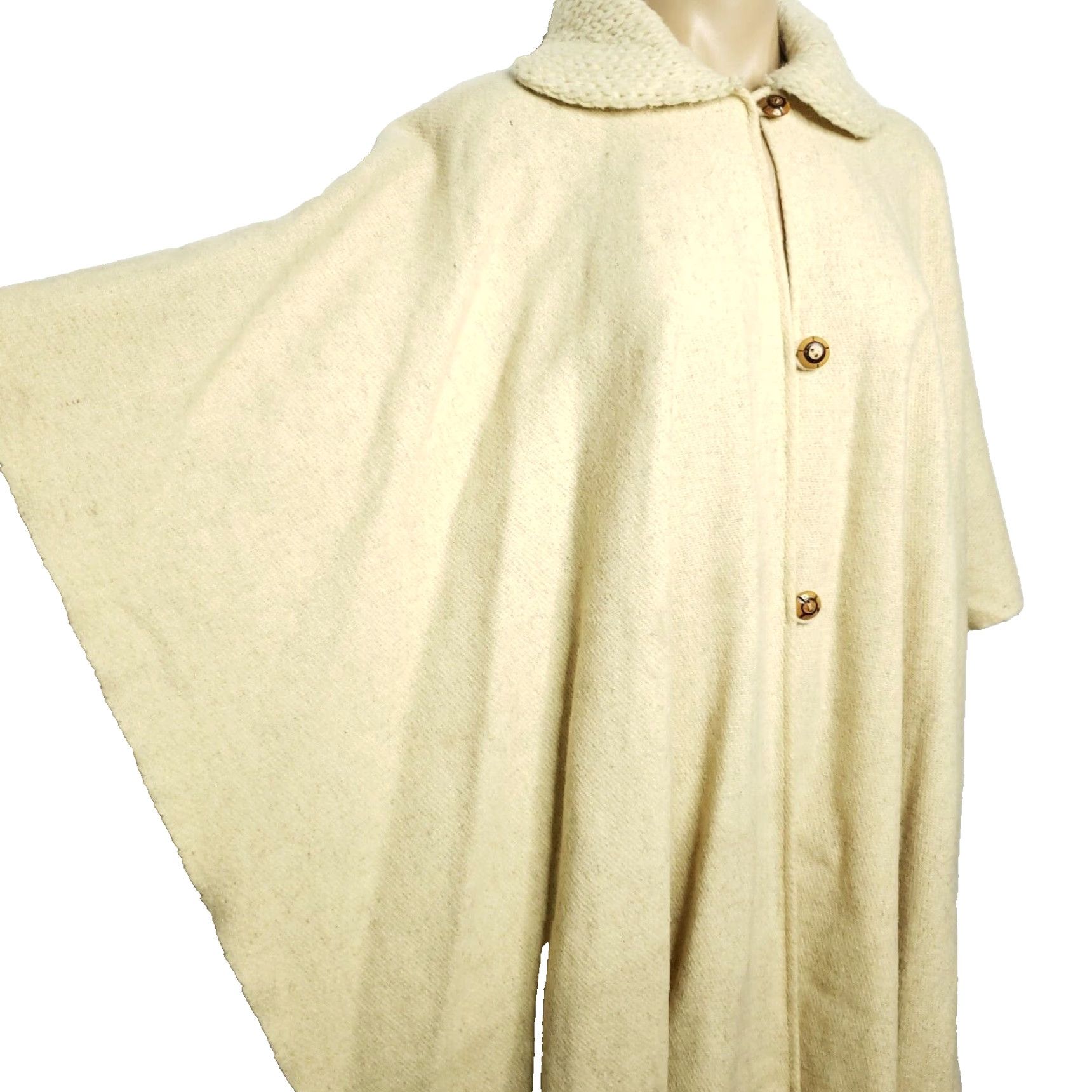 Vintage VINTAGE Beige Oatmeal Wool Blanket Poncho Cape Cream Sweater Knit Collar One Size Womens M? Size ONE SIZE - 3 Thumbnail