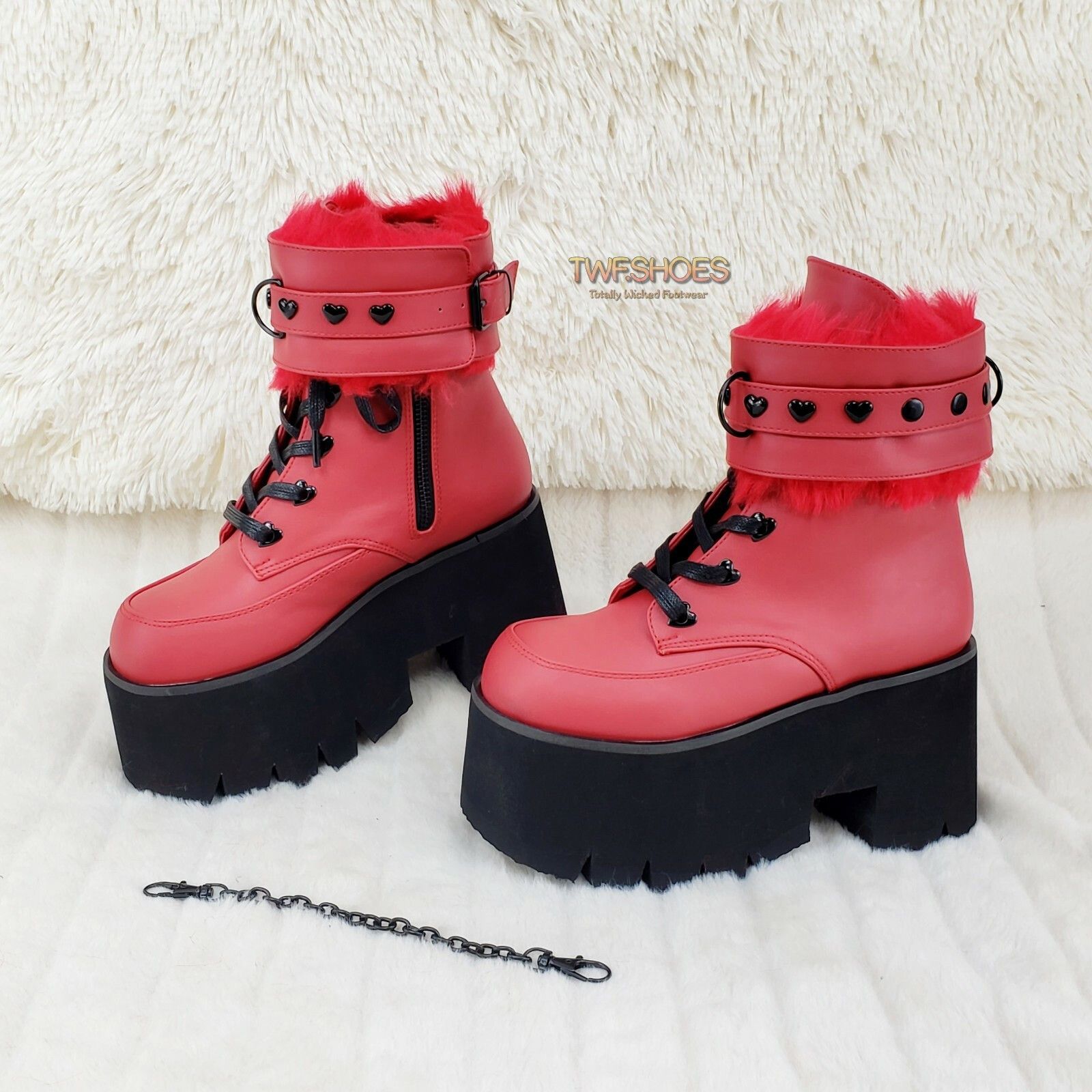 Other Ashes 57 RED Heart Studs 3.5" Platform Goth Boots Fur Lined Size US 6 / IT 36 - 7 Thumbnail
