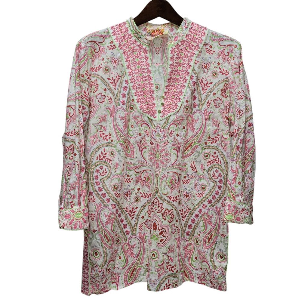 Robert Graham Robert Graham Women 3/4 Paisley Side Slit V-neck Blouse Top Size L / US 10 / IT 46 - 1 Thumbnail