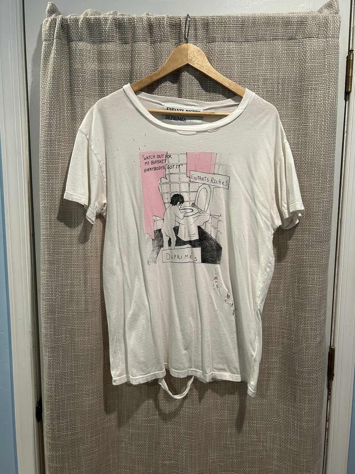 image of Enfants Riches Deprimes Erd Thrashed Distressed Baby Bullshit T Shirt in White, Men's (Size Medium)