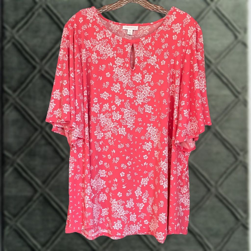 Charter Club Charter Club Top Plus Size 3X Floral Short Flutter Sleeve Coral Melon Women’s Blouse Cute Casual Workwear Size XXL / US 16-18 / IT 52-54 - 1 Thumbnail