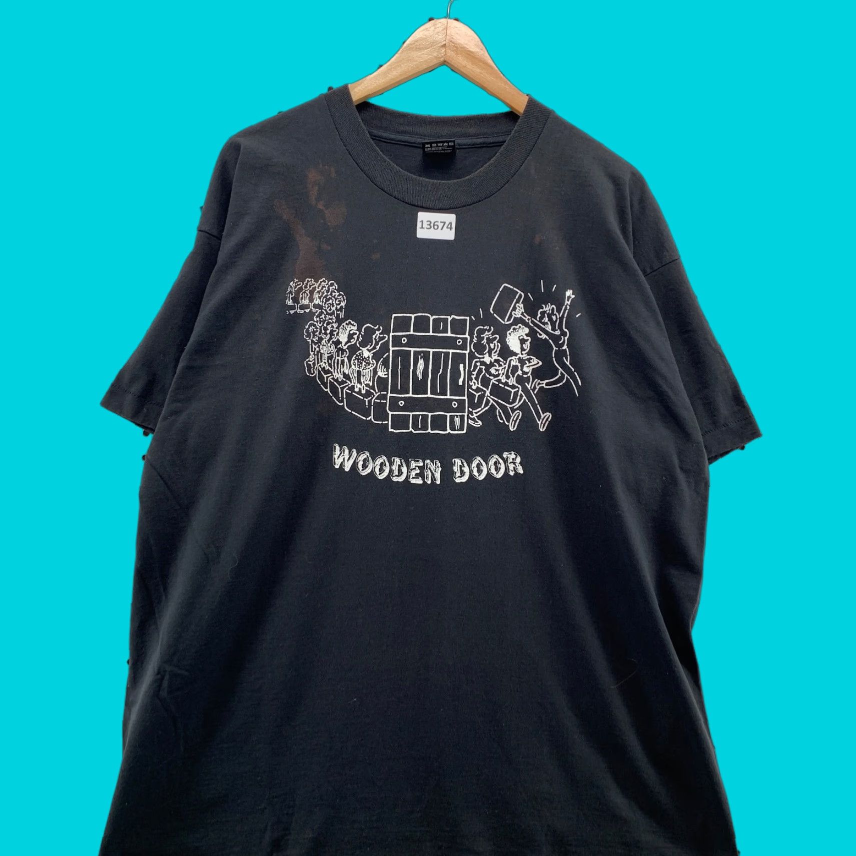 Fruit Of The Loom VINTAGE 90s Fruit of the Loom Shirt Mens 2XL Black Graphic Print Cotton Short Sleeve Crew Neck USA 90s Funny Hipster Door Wood Size US XXL / EU 58 / 5 - 1 Thumbnail