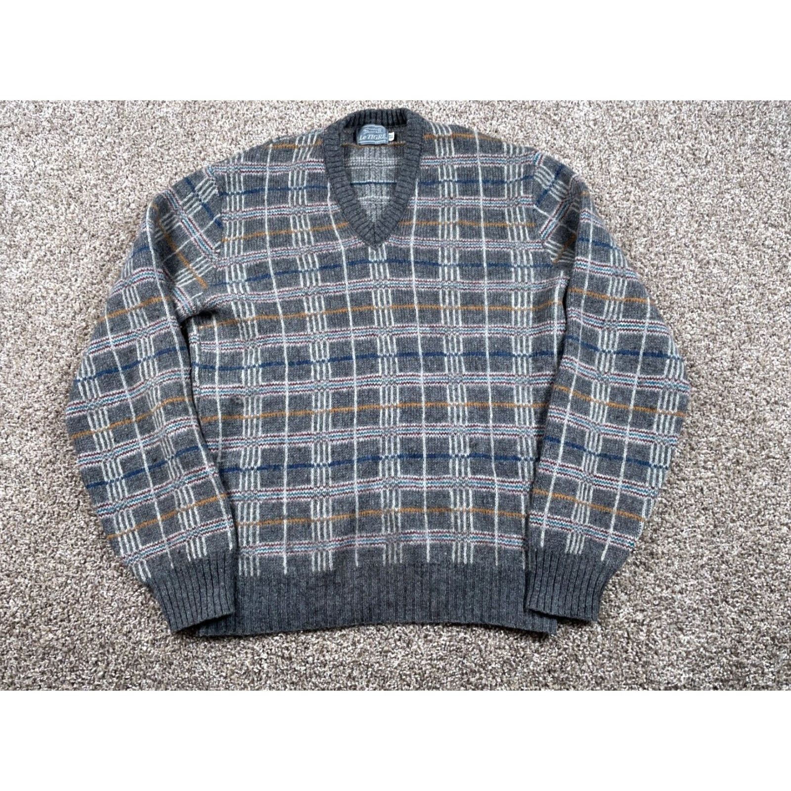 Vintage VINTAGE Le Tigre Sweater Adult 2XL Tall Gray Wool Blend V-Neck Check Heavyweight 80s Mens Size US XXL / EU 58 / 5 - 2 Thumbnail