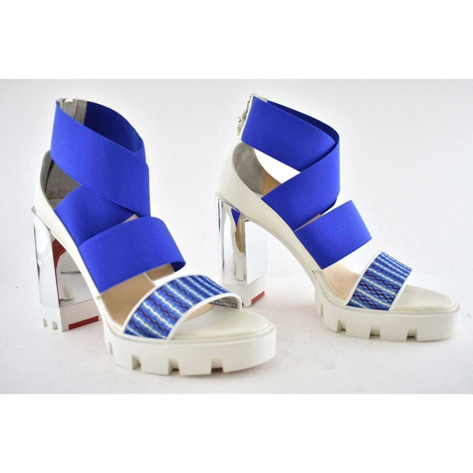 Christian Louboutin Patrouiagoma 100 Blue Strap Sandal Block Heel Pump 40.5 Size US 10.5 / IT 40.5 - 5 Thumbnail