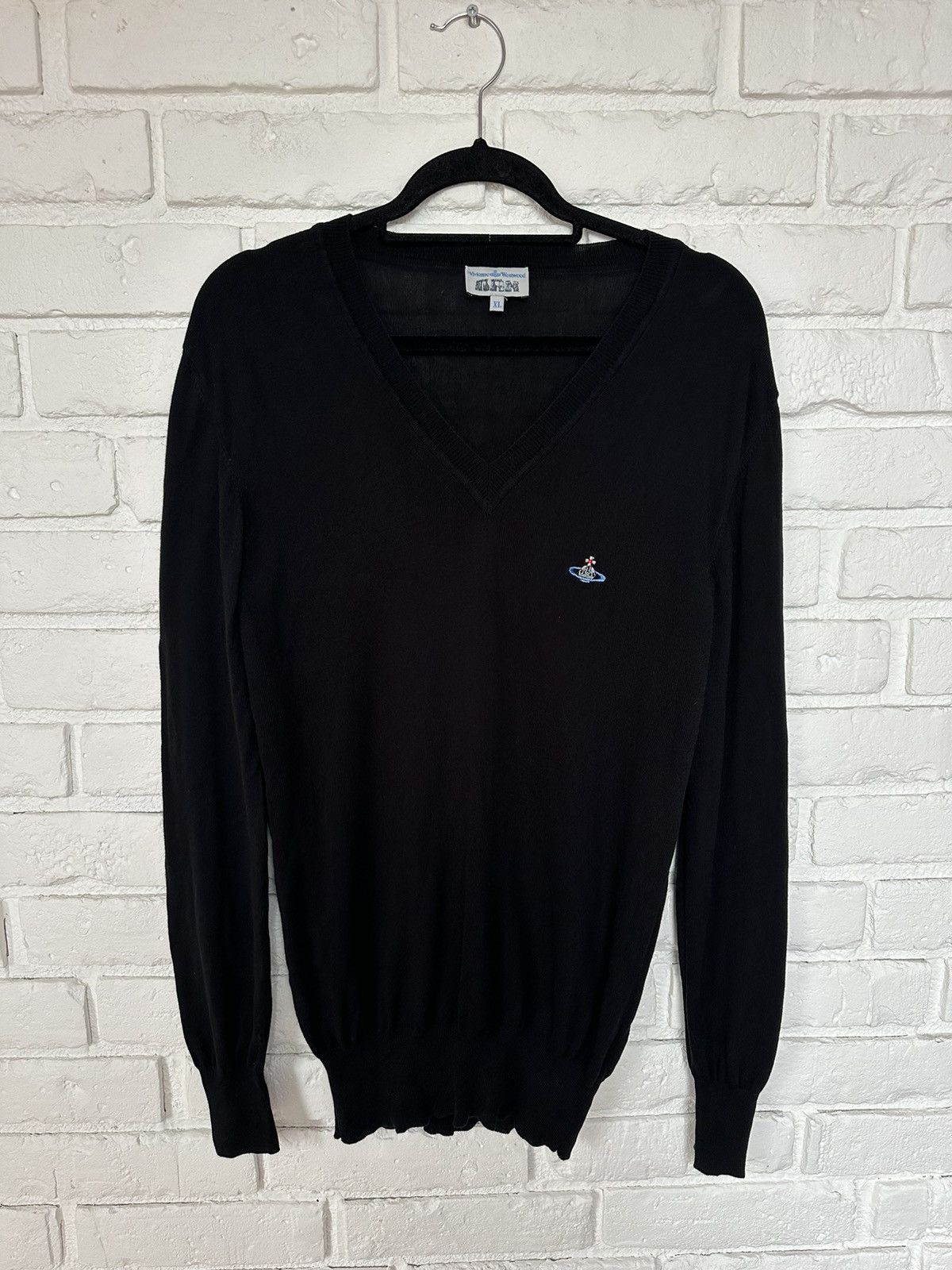 image of Designer Vintage Sweater Vivienne Westwood V Neck Pullover Black Xl, Men's