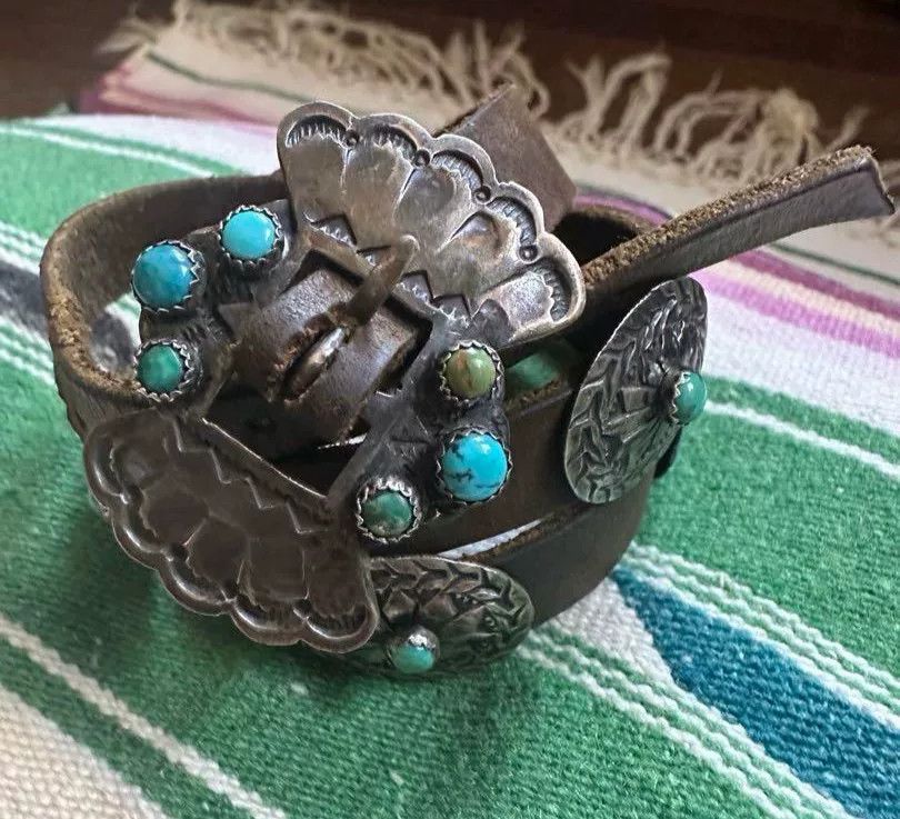 Japanese Brand Navajo Silver Turquoise Leather Belt Bracelet Size ONE SIZE - 1 Thumbnail