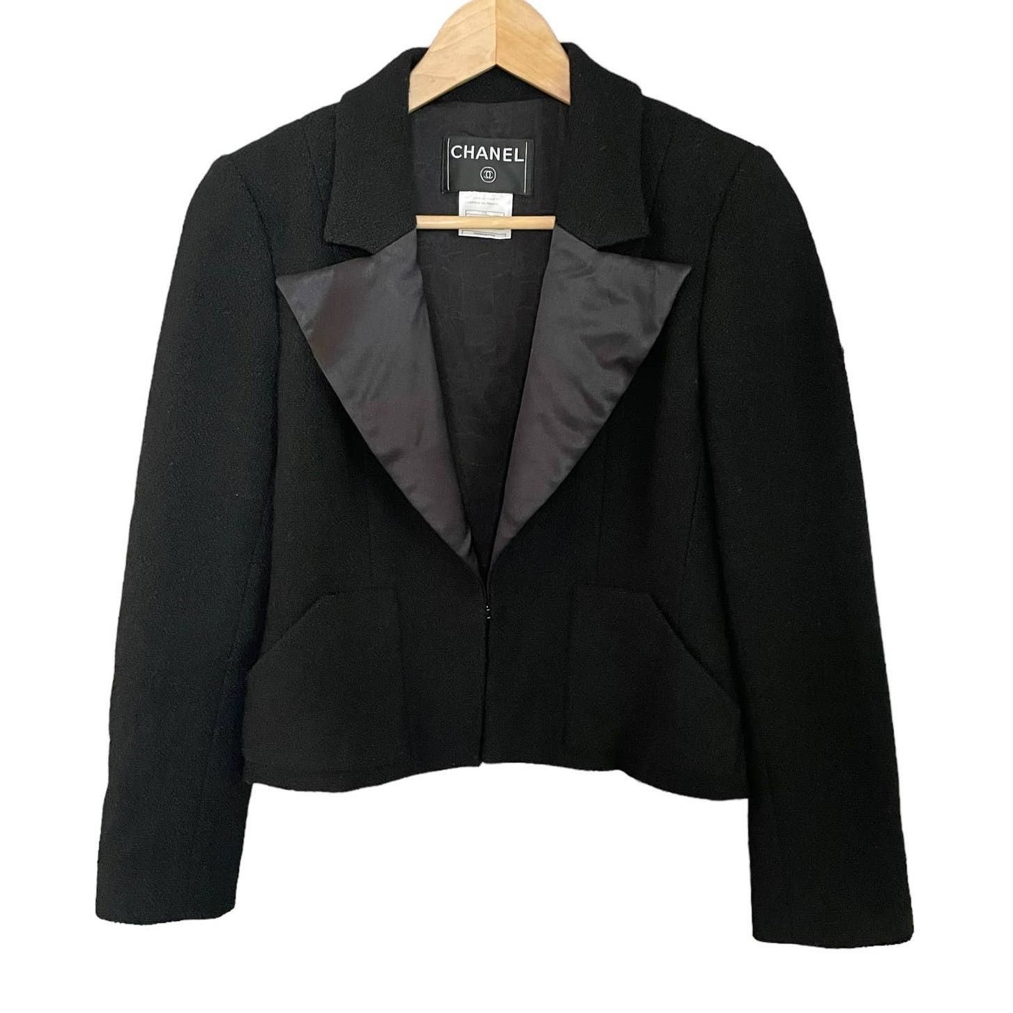 CHANEL Vintage Boucle Black Wool Boucle Dinner Jacket Blazer