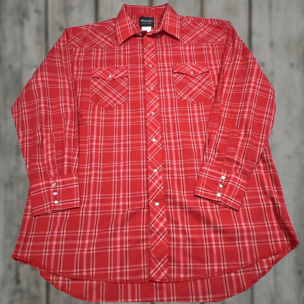 Wrangler VINTAGE Wrangler Western Pearl Snap Shirt Men’s 17.5x36 Tall Lightweight Rancher Red Plaid Long Sleeve Button-Up Cowboys Western Mens Shirt Size US XXL / EU 58 / 5 - 1 Thumbnail