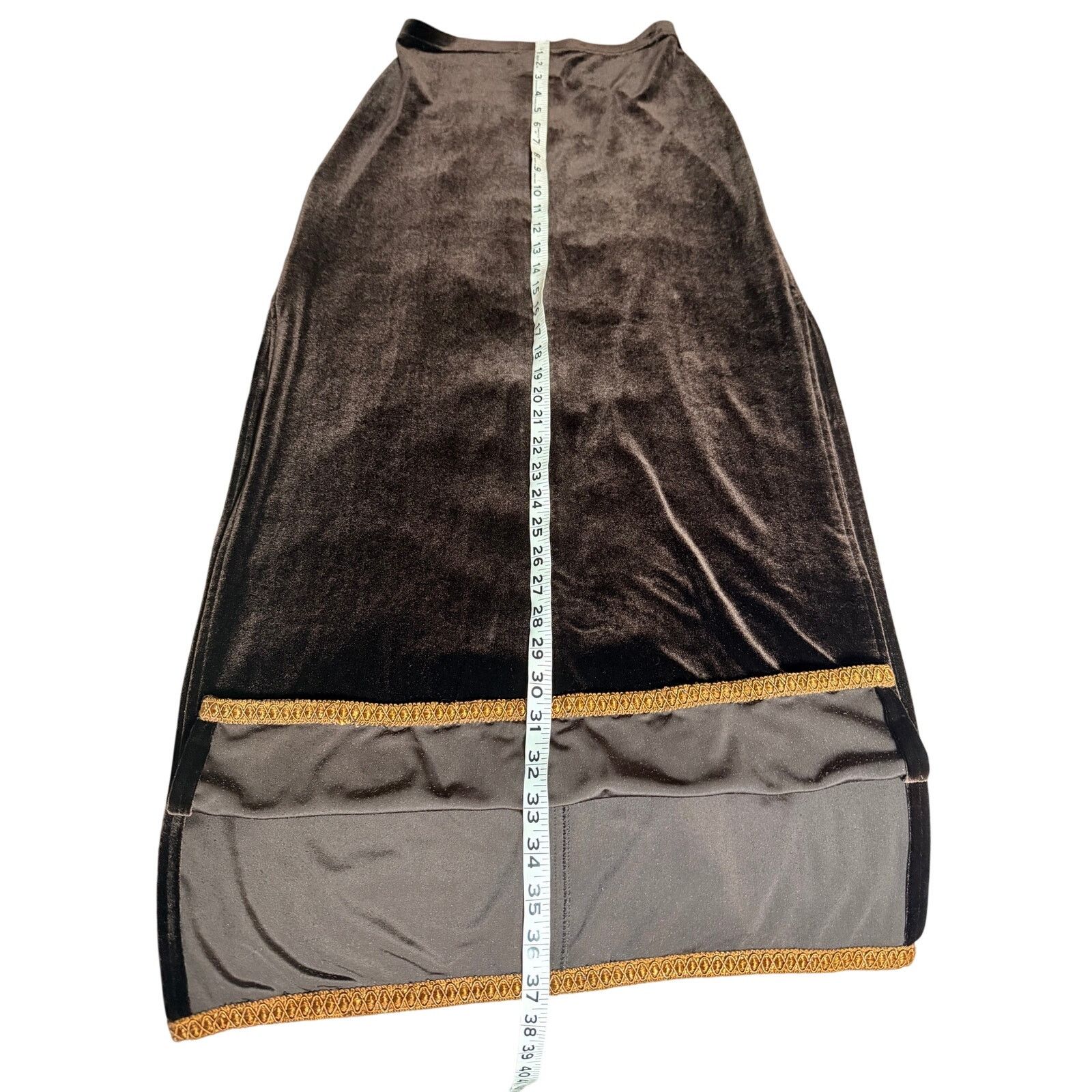 Tadashi Shoji Vintage Tadashi Black Velvet Maxi Skirt Gold Trim Side Slit Size 24" / US 00 / IT 34 - 2 Thumbnail