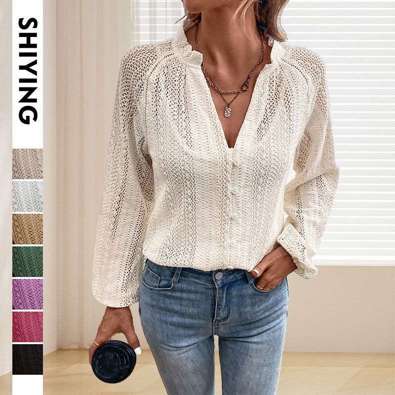 image of Vintage Fashion Lace Grid Hollow Shell Button Shirt in White, Women's (Size Medium)