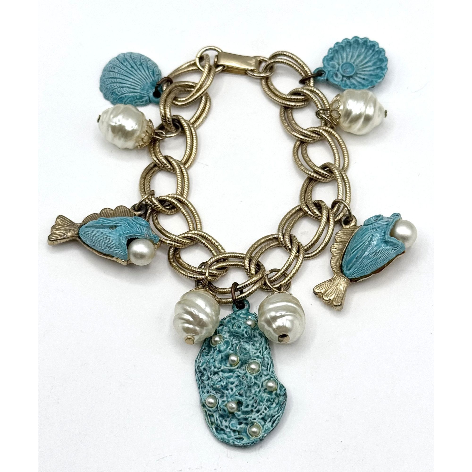 Vintage Vintage Blue Enamel Sea Shell Sea Life Fish Pearl Charm Brac Size ONE SIZE - 1 Thumbnail