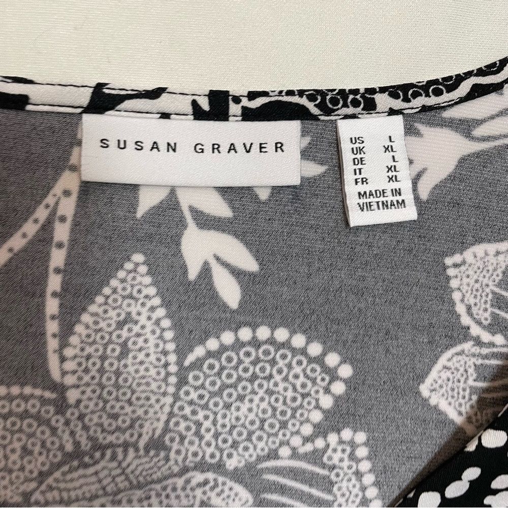 Other Susan Graver Floral Liquid Knit V-Neck Black White Tunic To Size L / US 10 / IT 46 - 6 Thumbnail