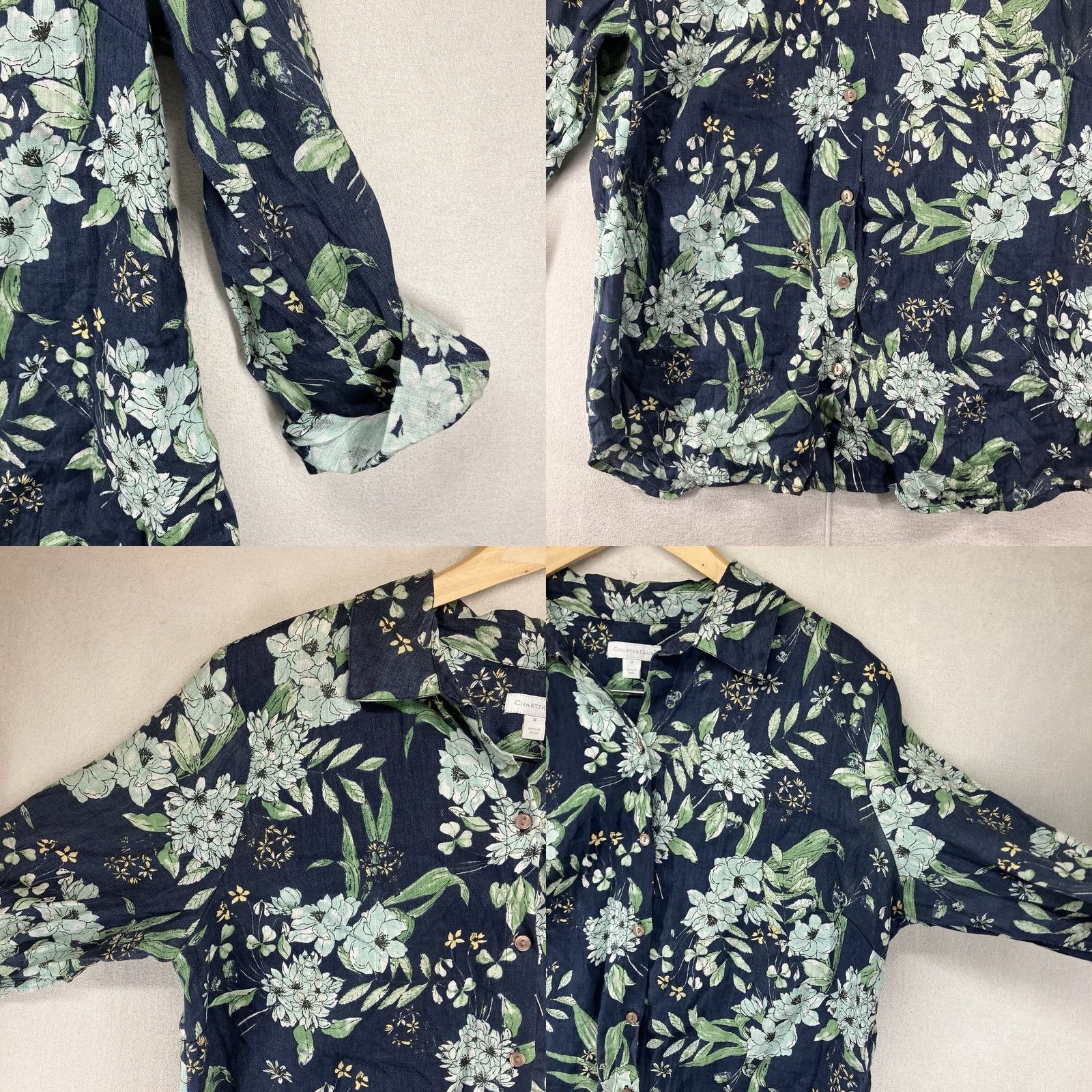 Charter Club Charter Club Women's Button Front Top Linen Roll Tab Sleeve Floral Blue M IP Size M / US 6-8 / IT 42-44 - 8 Thumbnail