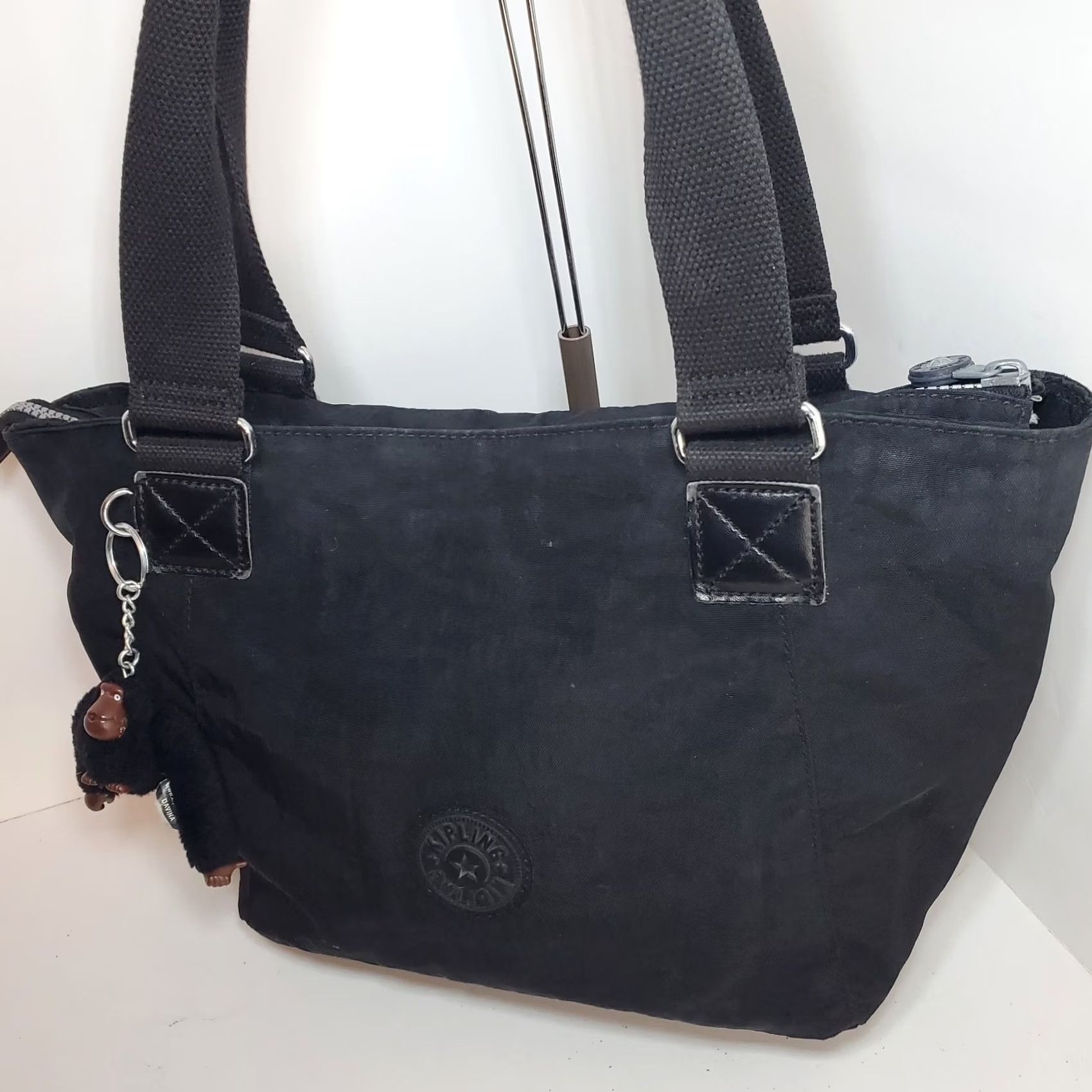Vintage Kipling Black Nylon Shoulder Bag Tote Women Medium Zip Closure Monkey Charm Black Leather Polyester Interior Pockets 12in x 7in x 10in"} Size M / US 6-8 / IT 42-44 - 3 Thumbnail