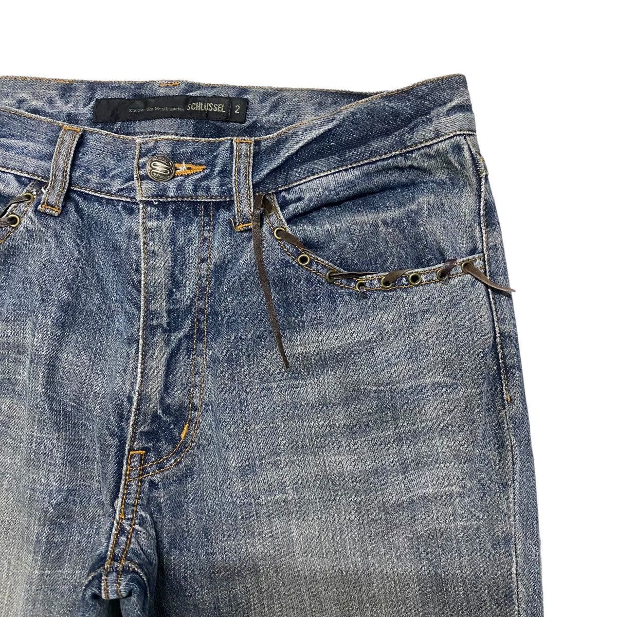 Japanese Brand SCHLUSSEL Low Rise Leather Lace Denim Flare Jeans Size US 30 / EU 46 - 5 Thumbnail