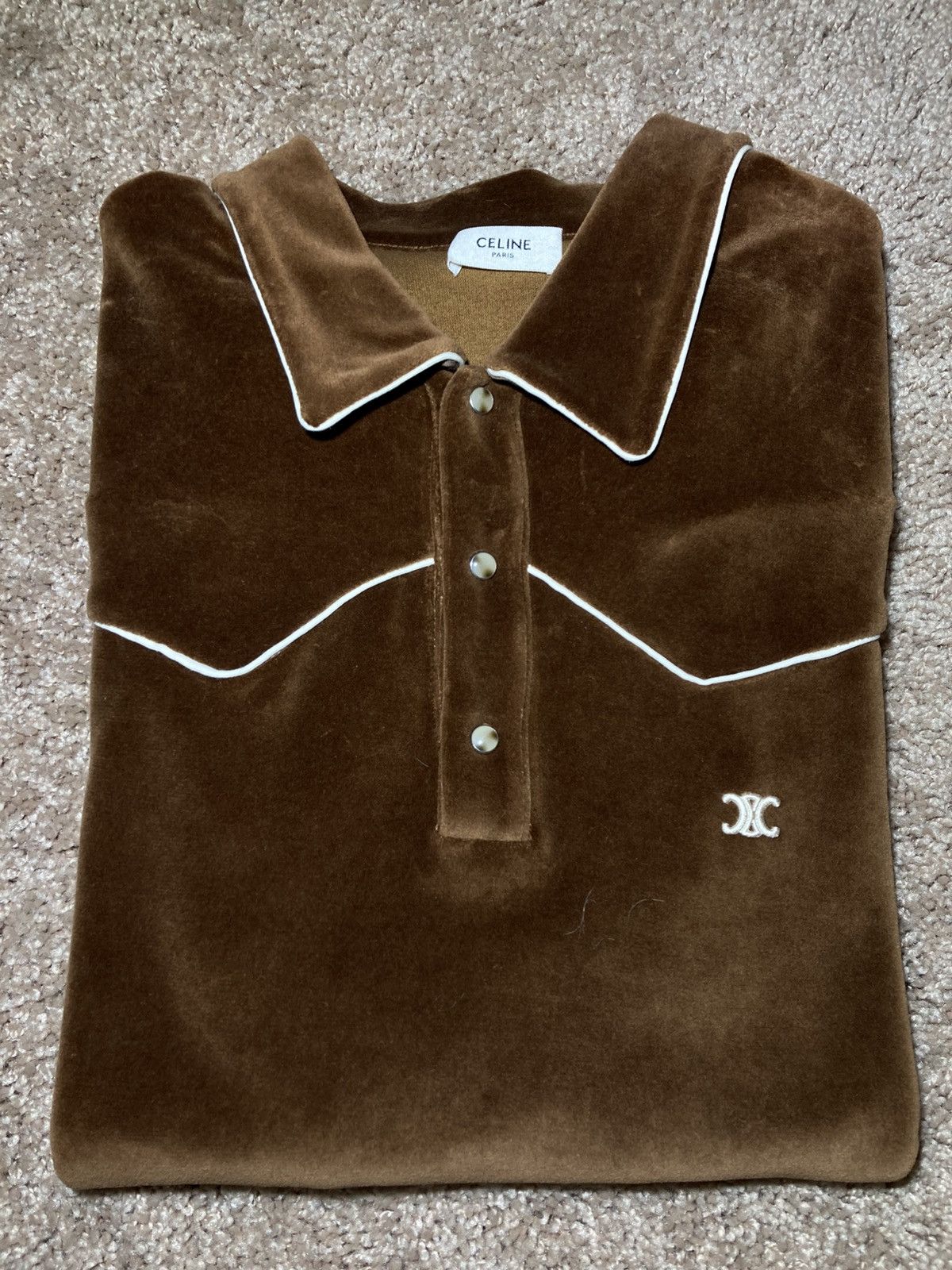 Celine × Hedi Slimane FW20 Celine Velour Polo Pullover Velvet 2020 AW20 Chocolate Size US S / EU 44-46 / 1 - 1 Thumbnail