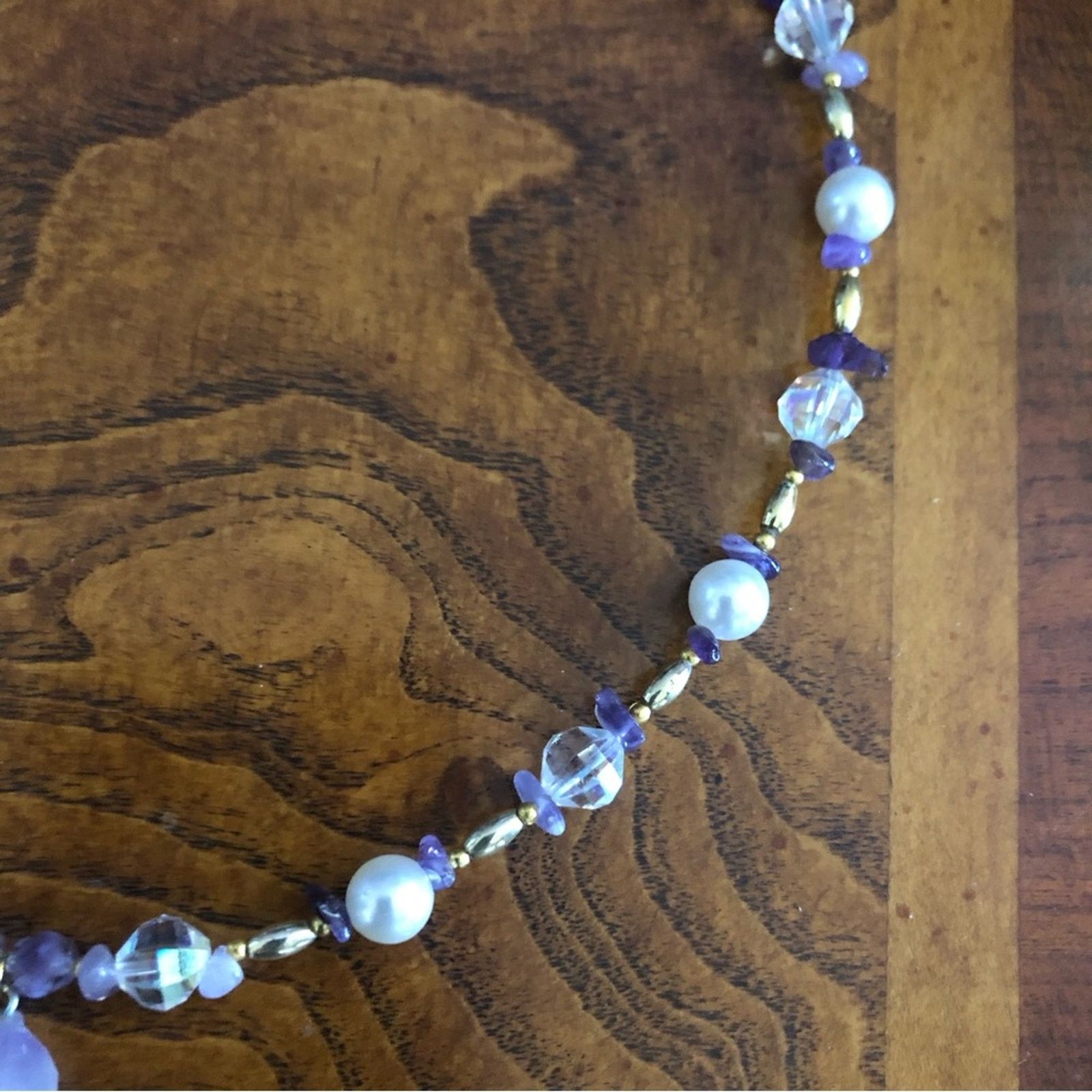 Handmade Handcrafted repurpose genuine amethyst slab pearl necklace Size ONE SIZE - 10 Thumbnail