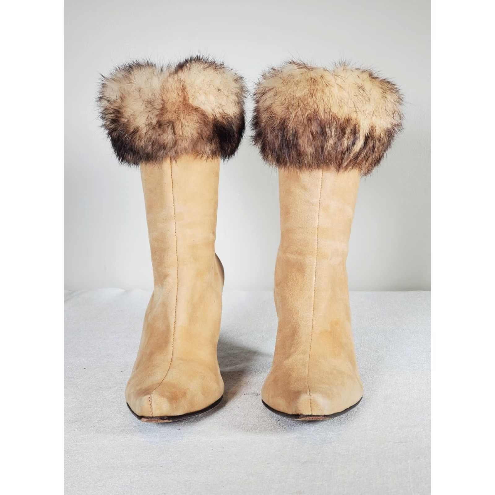 Vintage Arturo Chiang Suede Rabbit Fur Trim Back Zip Ankle Boots Snip Toe Women's US 7.5 Size US 8 / IT 38 - 6 Thumbnail
