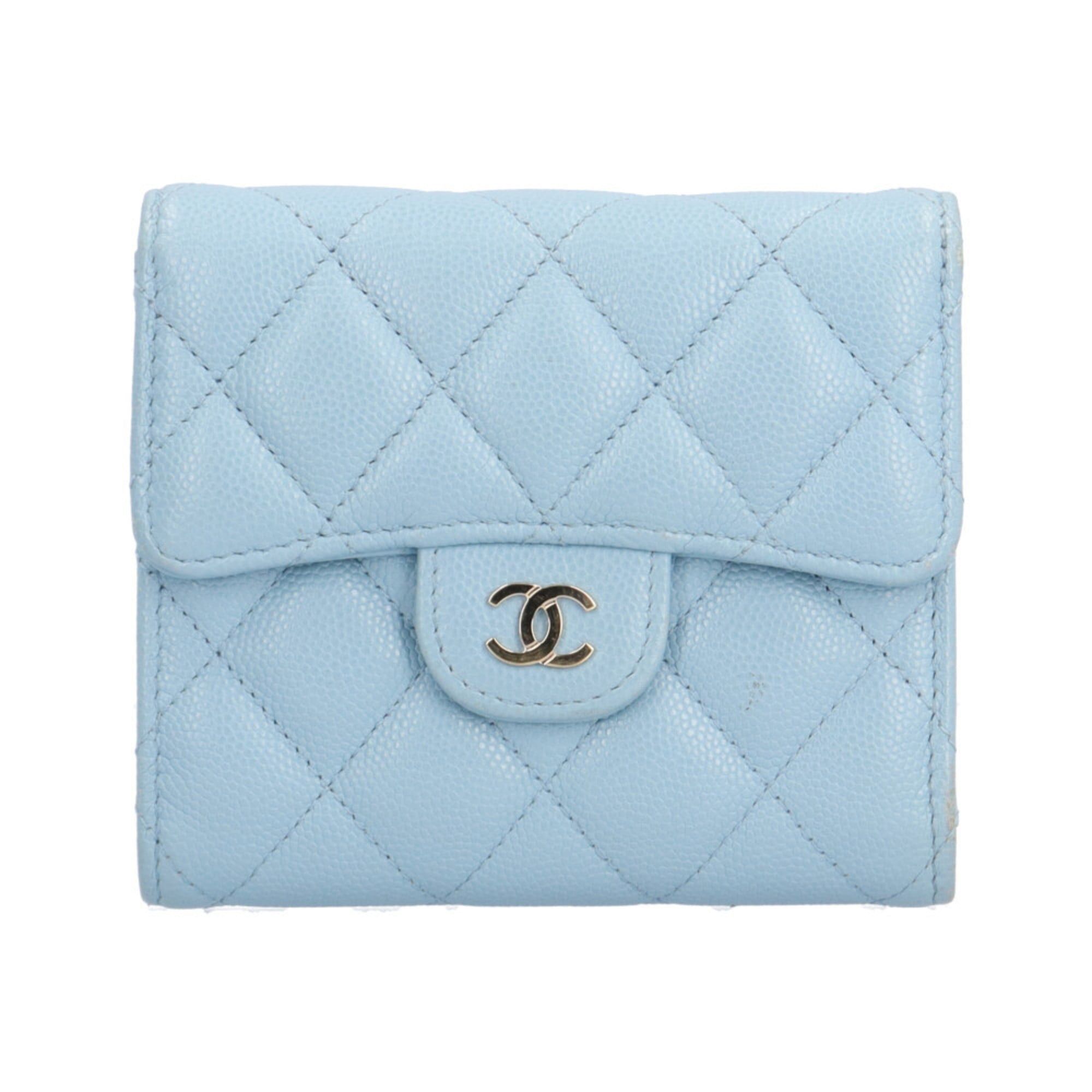 Pre-Owned Chanel Classic Small Flap Wallet Matelasse Tri-Fold In Caviar Skin, Ap0231, Women's in Blue