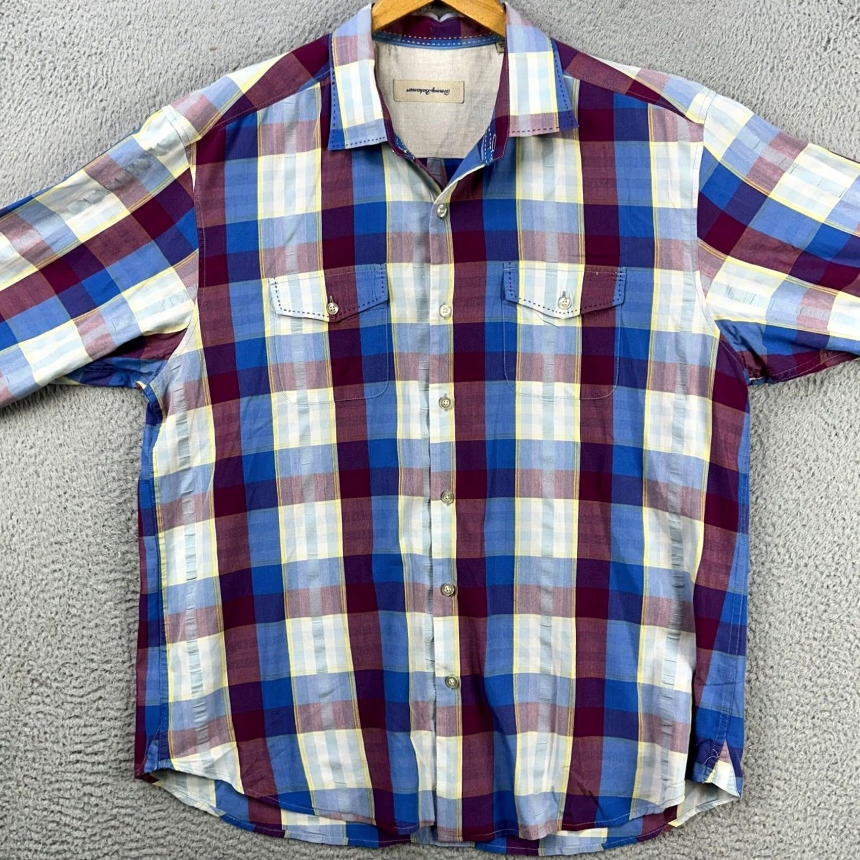 Tommy Bahama VINTAGE Tommy Bahama Silk Blend Shirt Button Up Mens XL Blue Maroon Plaid Flap Pocket Size US XL / EU 56 / 4 - 3 Thumbnail