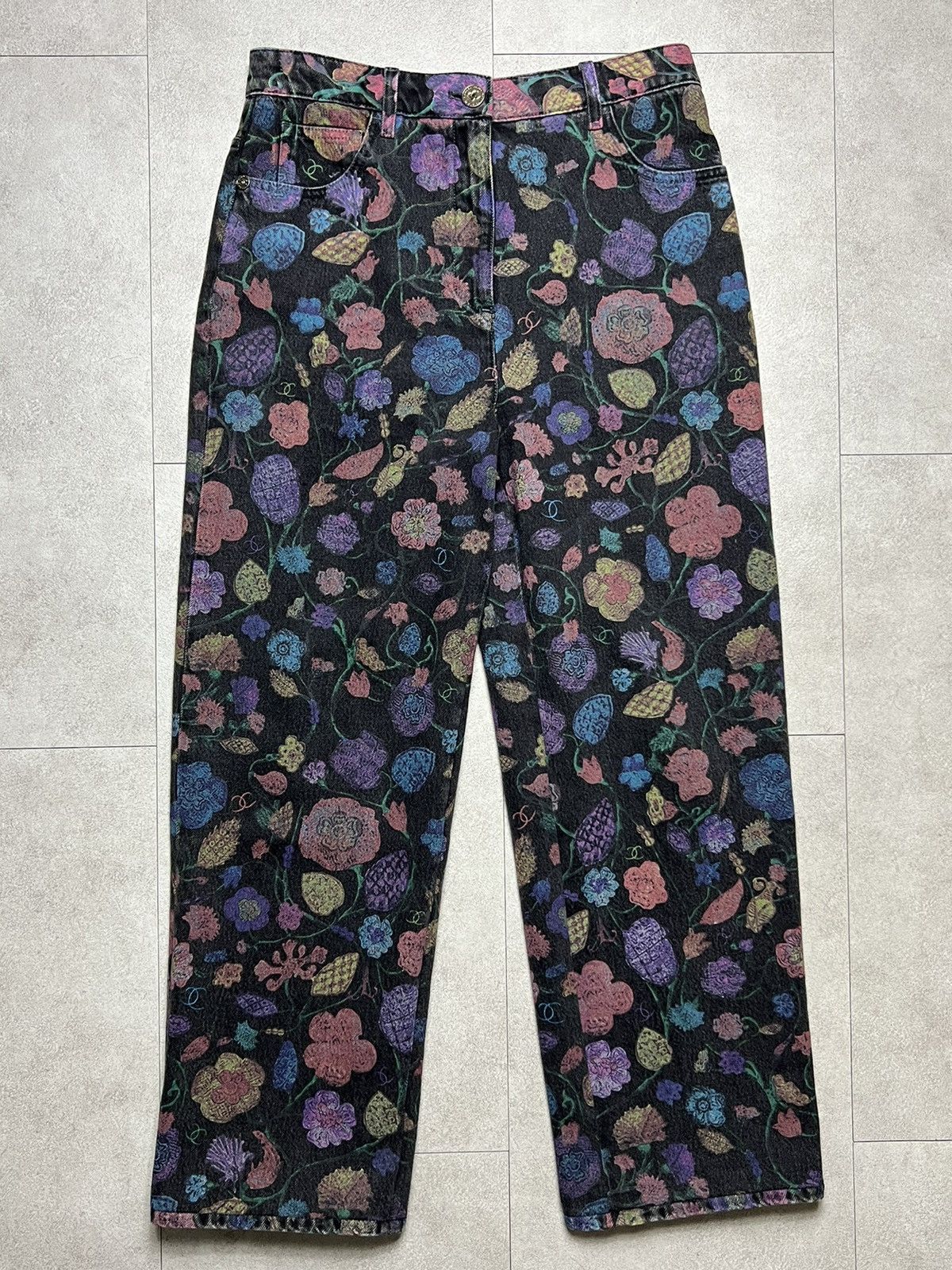 authentic Chanel Flower Print Denim Pants Black/Multi
