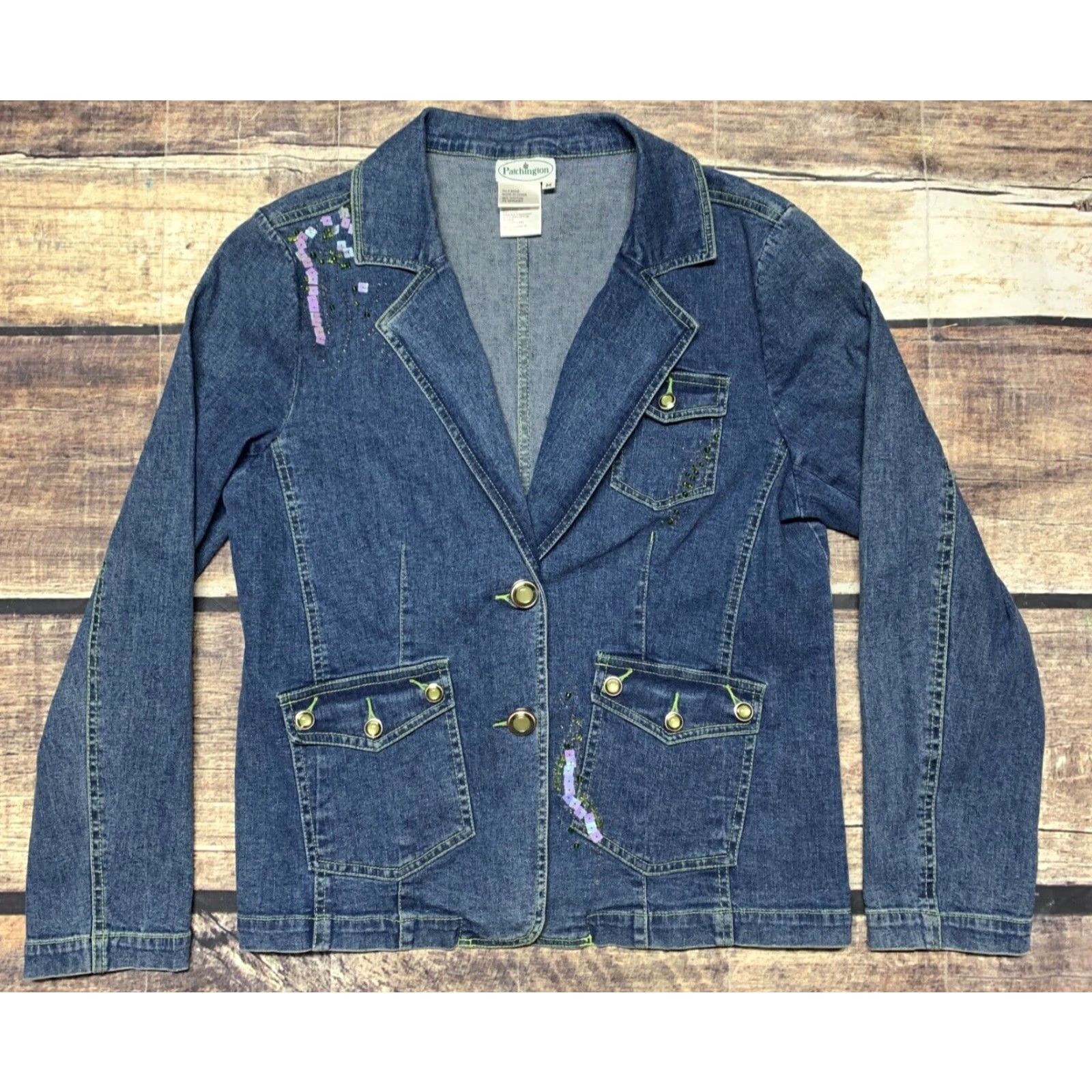 Denime Patchington Denim Jacket Light Weight Gemmed Buttons Mint Green Stitching Medium Jacket Women M Blue Denim New Kangaroo Pocket Hand Wash Only Size M / US 6-8 / IT 42-44 - 6 Thumbnail