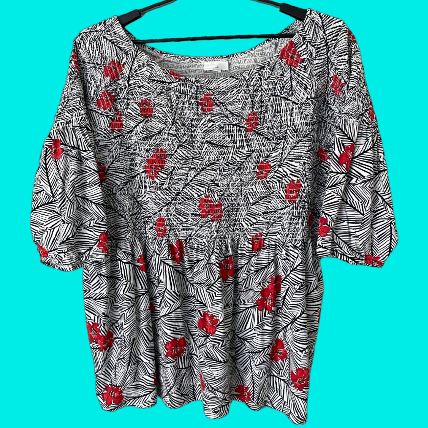 J. Jill J.Jill Blouse Shirt 3/4 Sleeve Smocked Floral Knit Peasant Top Women's 2X Black Pullover Size XXL / US 16-18 / IT 52-54 - 1 Thumbnail