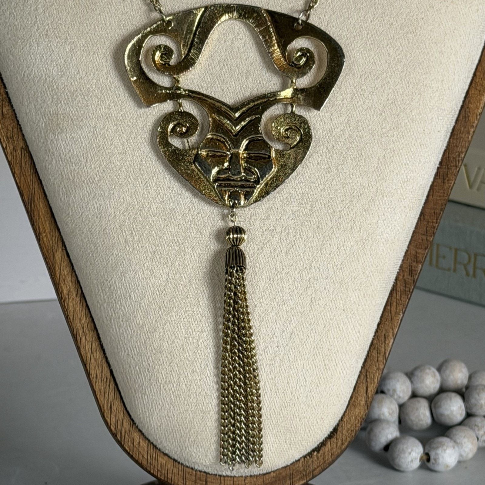 Other VTG 1970s Tribal Gold-Tone Mayan Mask Pendant Necklace 24" Size ONE SIZE - 3 Thumbnail