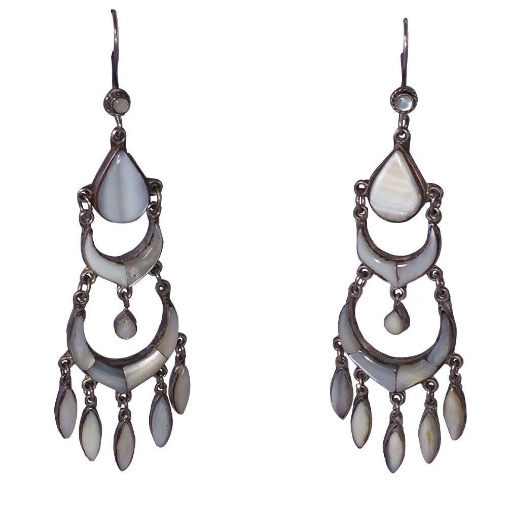 Handmade Silver Chandelier Earrings with Mother of Pearl Shell Inlay Size ONE SIZE - 1 Thumbnail
