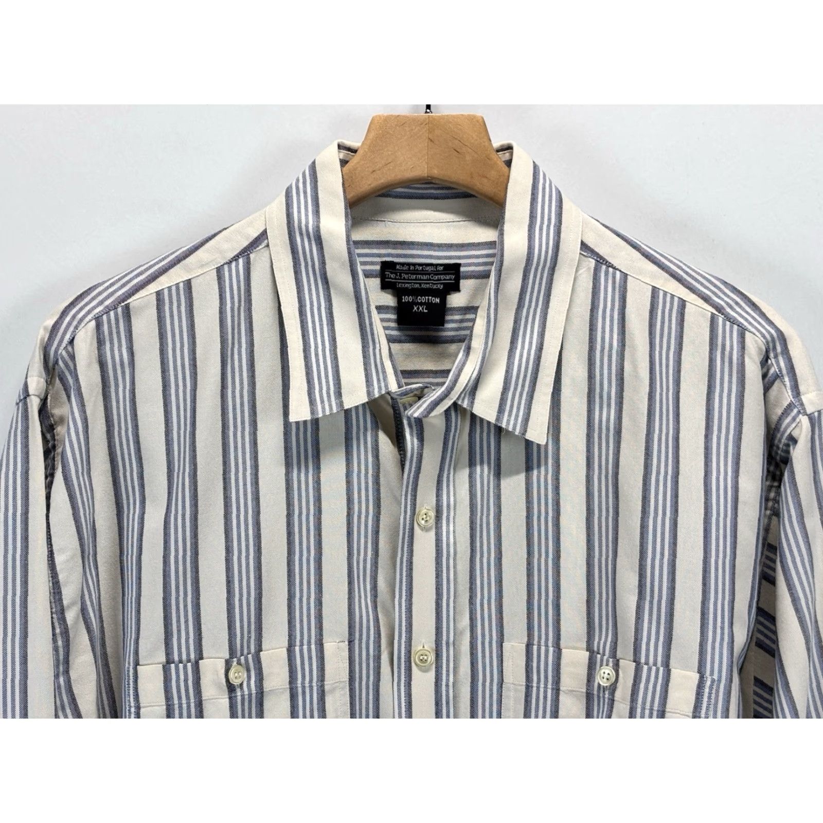 Vintage VINTAGE J. Peterman Striped Shirt Men 2XL/XXL Button-Up Long Sleeve Cotton Portugal Blue Yellow White Mens Size US XXL / EU 58 / 5 - 2 Thumbnail