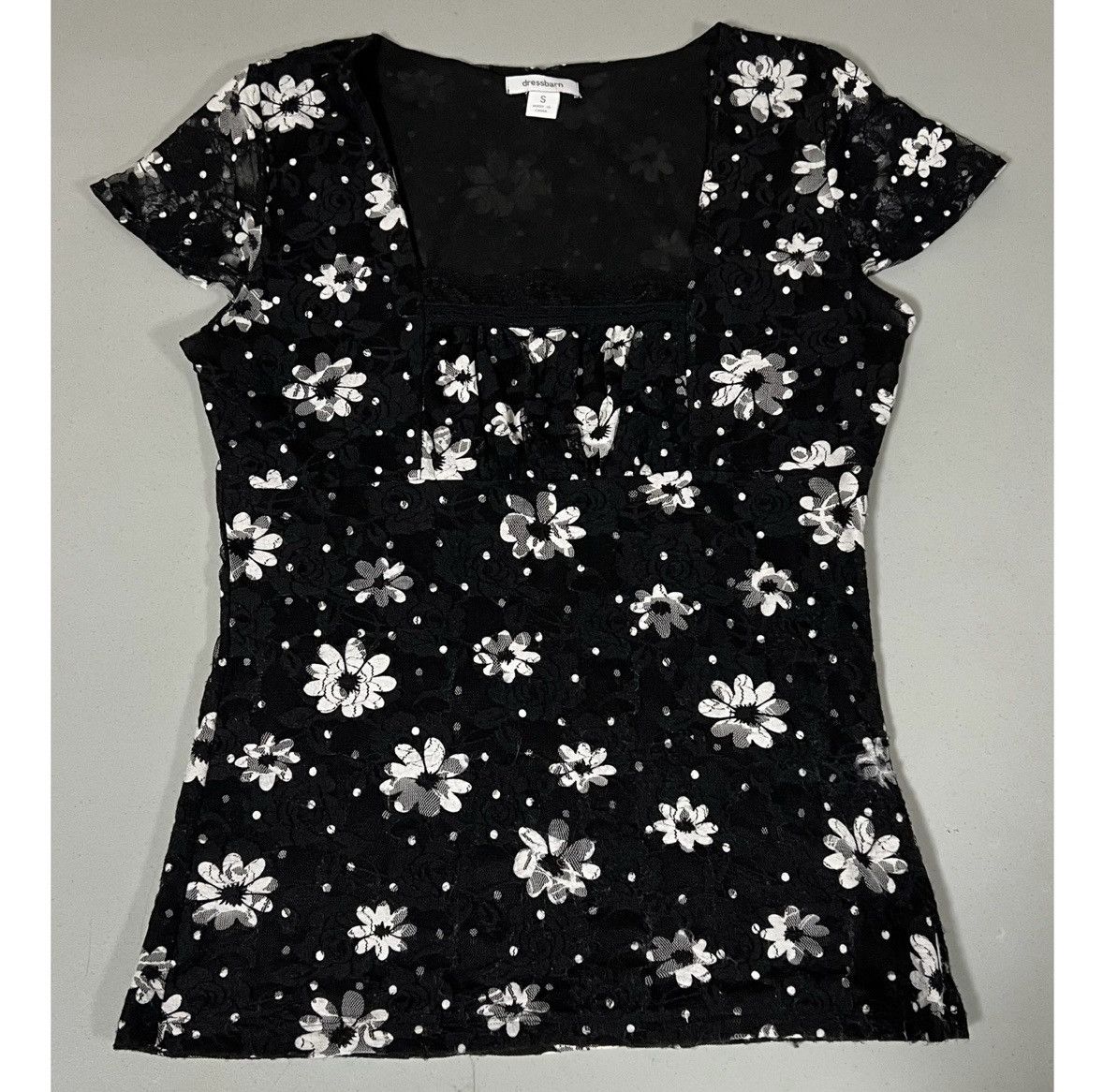 Dress the Population Black Polka Dot Daisy Floral Lace Top Shirt Blouse Size S 🤍🖤 Size S / US 4 / IT 40 - 3 Thumbnail
