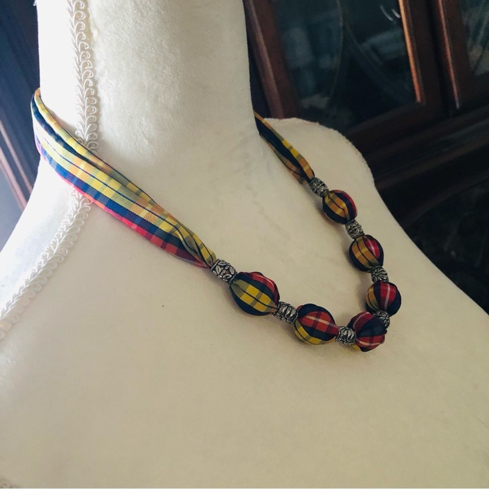 Handmade Country Girl red yellow & blue plaid fabric bead necklace Size ONE SIZE - 3 Thumbnail