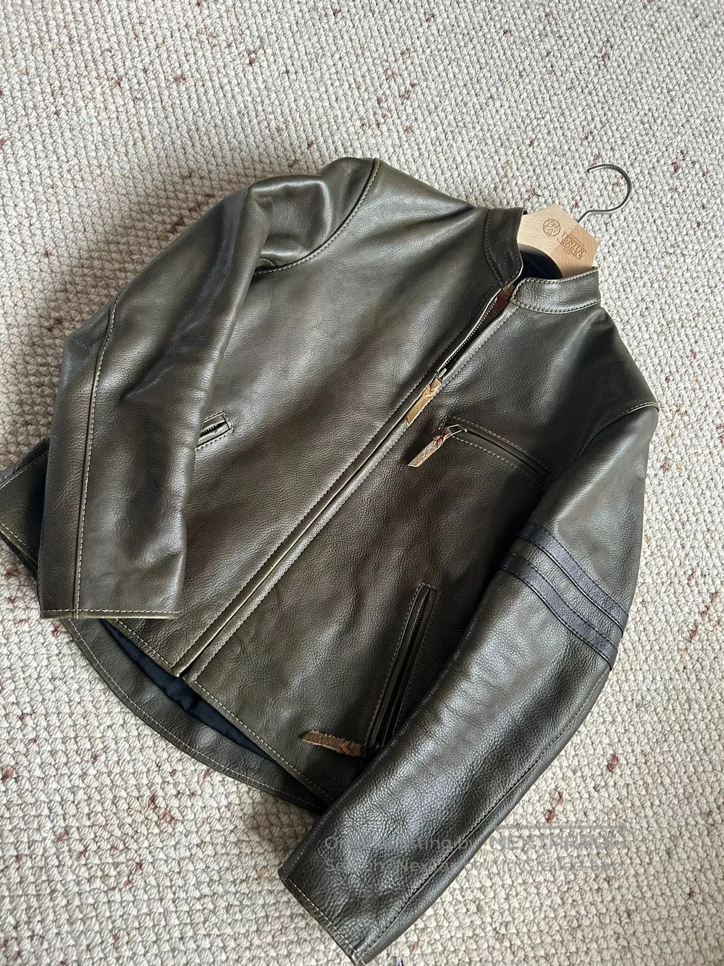 Japanese Brand olive green leather motorcycle jacket. Size US M / EU 48-50 / 2 - 3 Thumbnail