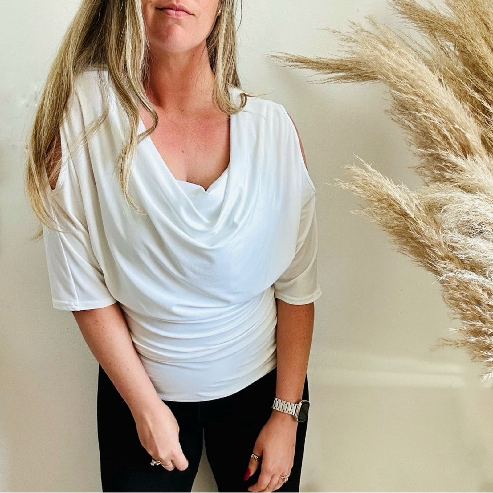 JOSEPH RIBKOFF White Ruche Cold Shoulder Blouse Shirt Top