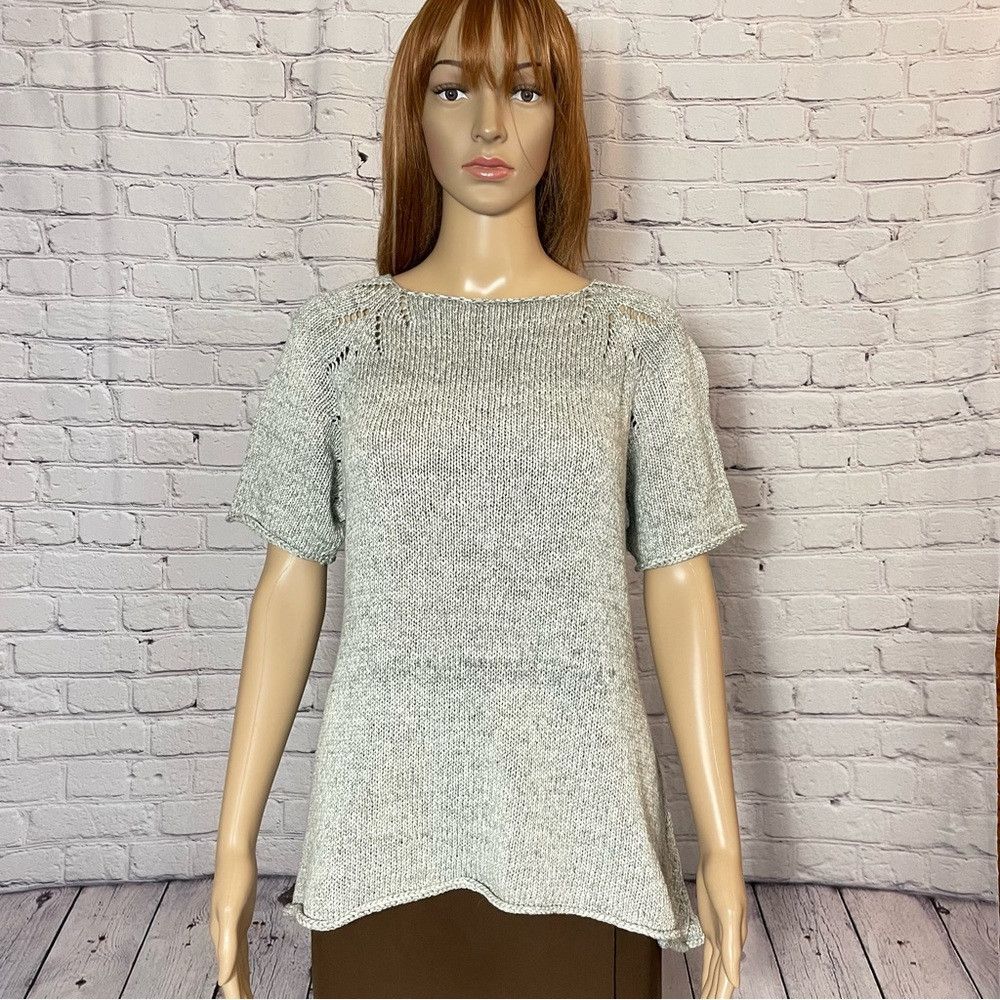 Handmade Hand Knit Linen Blend Short Sleeve Grey Melange Top Size S Size ONE SIZE - 1 Thumbnail