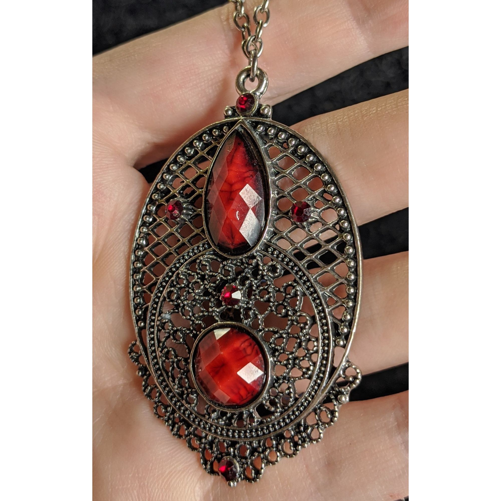 Other Gothic Oval Pendant Necklace With Red Faux Gemstones & Filig Size ONE SIZE - 6 Thumbnail
