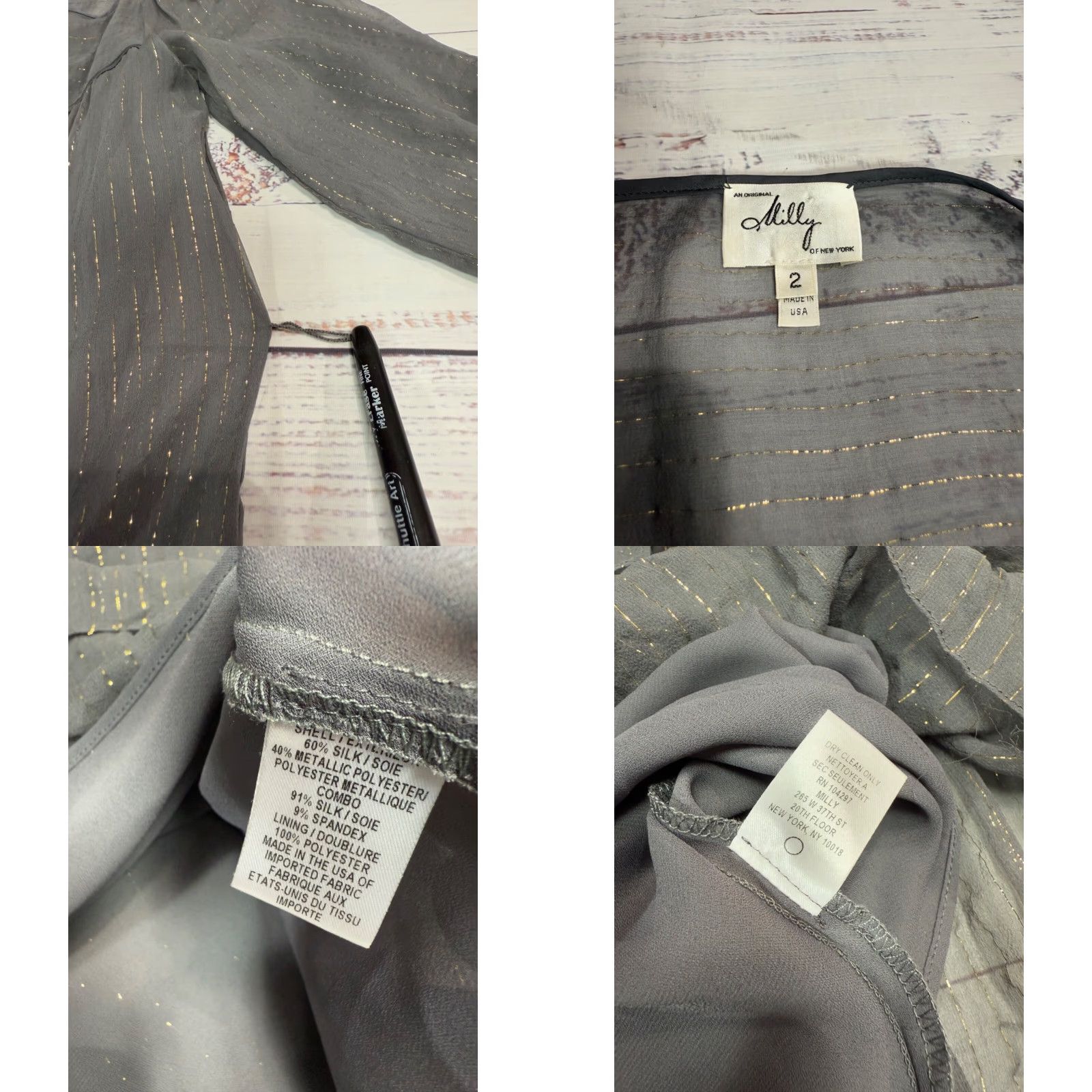 MILLY VINTAGE Milly Womens Silk Blend Midi Dress Sz 2 Gray Gold Shimmer Sheer Long Sleeve Dress Size XS / US 0-2 / IT 36-38 - 8 Thumbnail