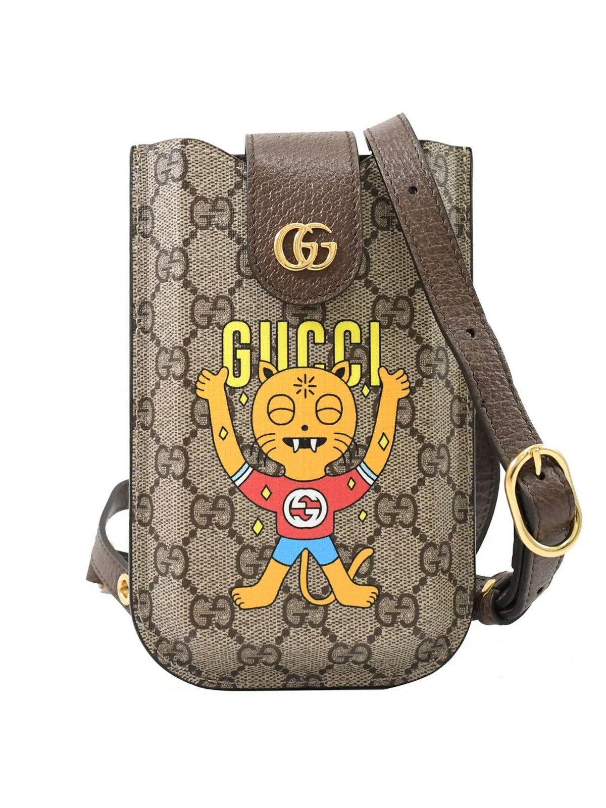 image of Gucci Pablo Delcielo GG Supreme Cat Phone Neck Bag Case in Beige, Men's